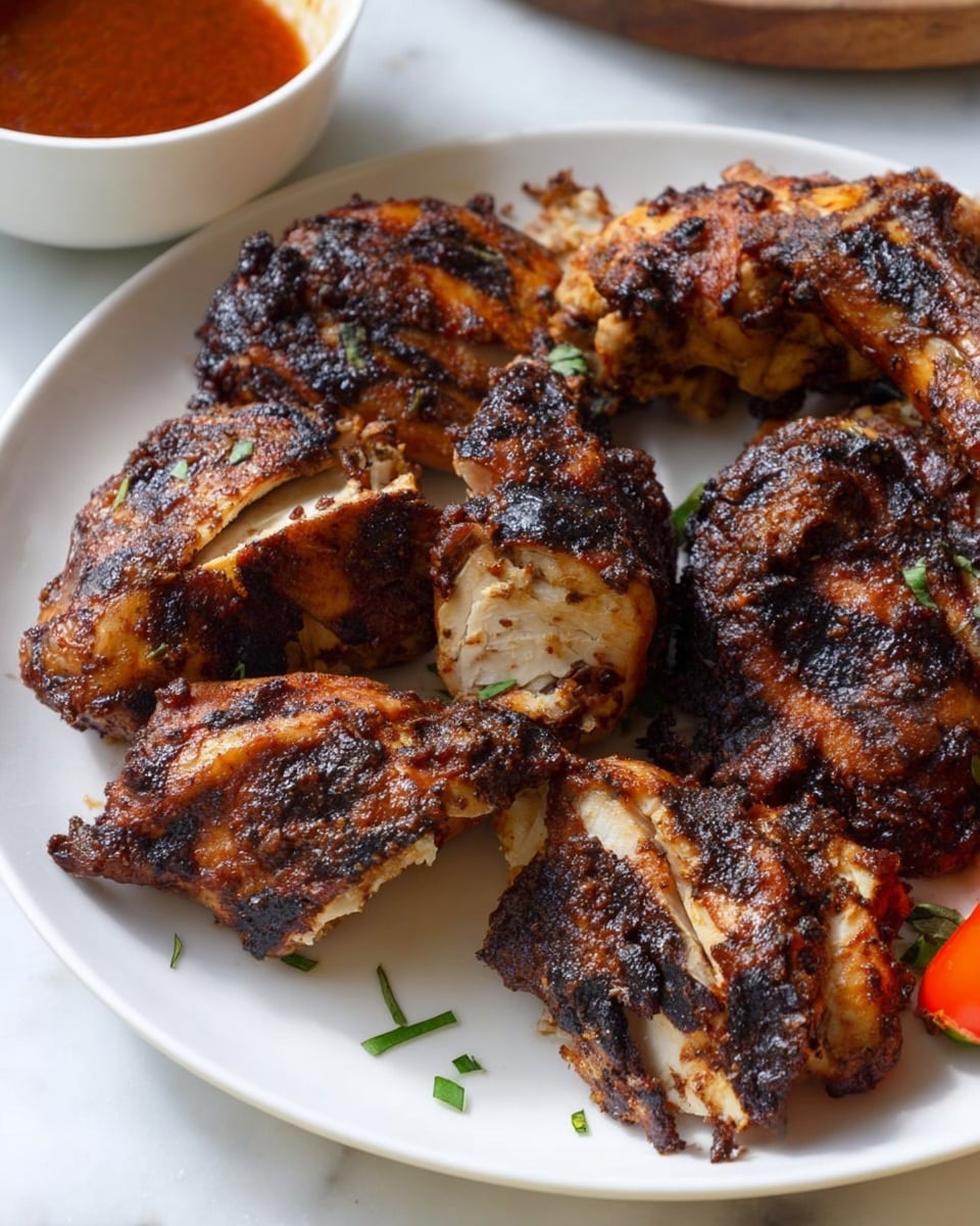 On a white plate on a white marbled surface, there are several pieces of grilled chicken with a dark, charred crust and a slightly crispy texture. The chicken pieces vary in size and shape, showing a mix of thick and thin cuts with visible white meat inside. Small bits of green herbs are scattered lightly on the plate beneath the chicken. At the edge of the plate, there is an orange pepper adding a bright splash of color. In the background, a white bowl with reddish-brown sauce is partially visible. The scene looks casual and appetizing. photo taken with an iphone --ar 4:5 --v 7
