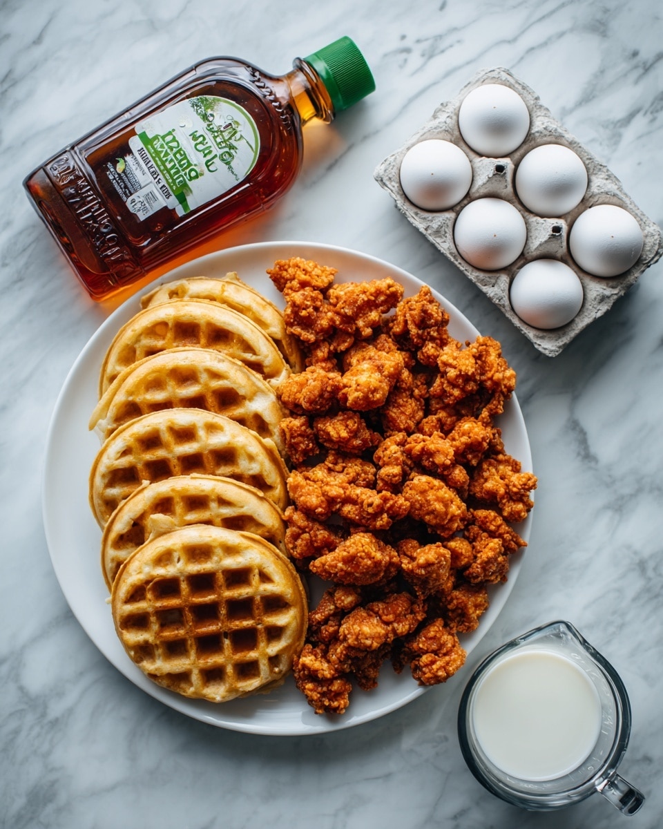The image shows a white plate filled with golden waffles stacked in a neat row on the left side and crispy popcorn chicken piled on the right side, both displaying a textured, crunchy surface. Above the plate is a tilted bottle of maple syrup with green and white labeling. To the right of the plate, there is an open carton holding eight white eggs, showing their smooth shells. Below the eggs, a clear glass measuring cup contains white milk, its surface smooth and shiny. All items rest on a white marbled surface with gray veins running through it, adding a clean and bright backdrop to the scene. Photo taken with an iphone --ar 4:5 --v 7