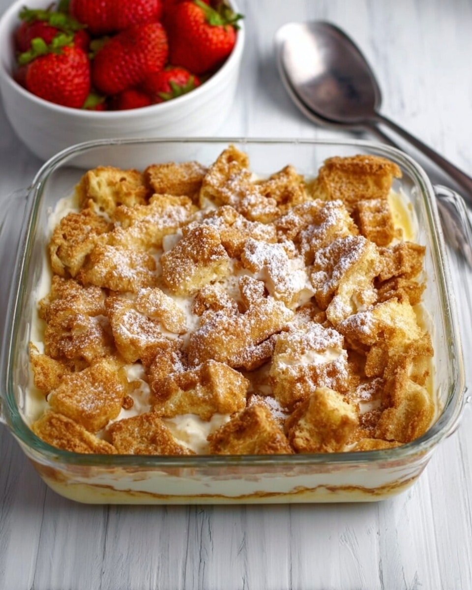 The image shows a clear glass square dish filled with a layered dessert. The base layer consists of chunks of light golden brown waffles with a textured, crispy surface. On top of this, there is a light creamy layer that looks smooth and soft, partially visible between the waffle pieces. The dessert is sprinkled with a light dusting of powdered sugar that adds a white, powdery texture over the top. The dish sits on a white marbled surface, with a metal spoon nearby and a white bowl of fresh bright red strawberries to the left. Photo taken with an iphone --ar 4:5 --v 7