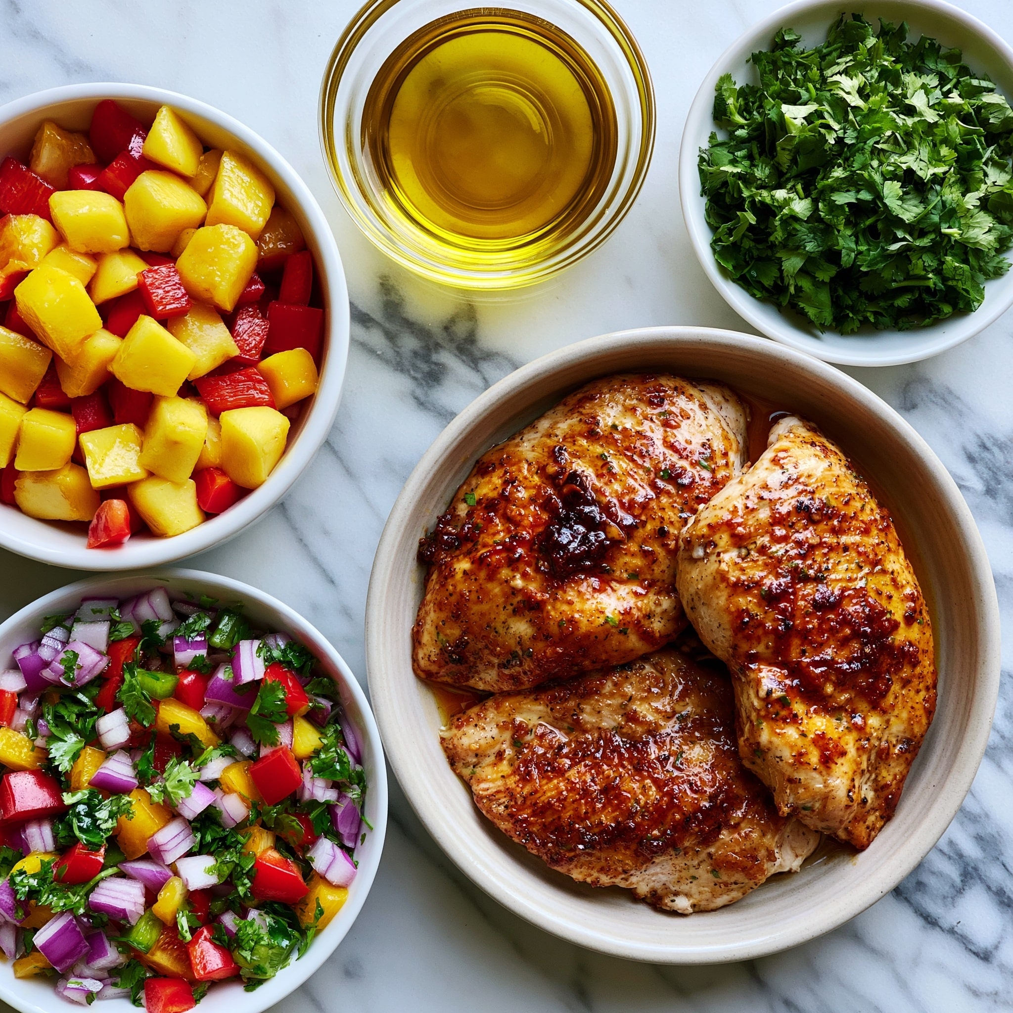 A white plate holds a layer of light beige cooked grain that looks soft and fluffy, topped with evenly sliced grilled chicken pieces that have light brown grill marks. On top of the chicken, there is a colorful mix of diced yellow mango, red onion, and green herbs, creating a fresh and vibrant topping. A silver fork rests on the edge of the plate. In the background, a small white bowl is filled with more of the same mango and onion mixture. The setting is on a white marbled surface. photo taken with an iphone --ar 4:5 --v 7