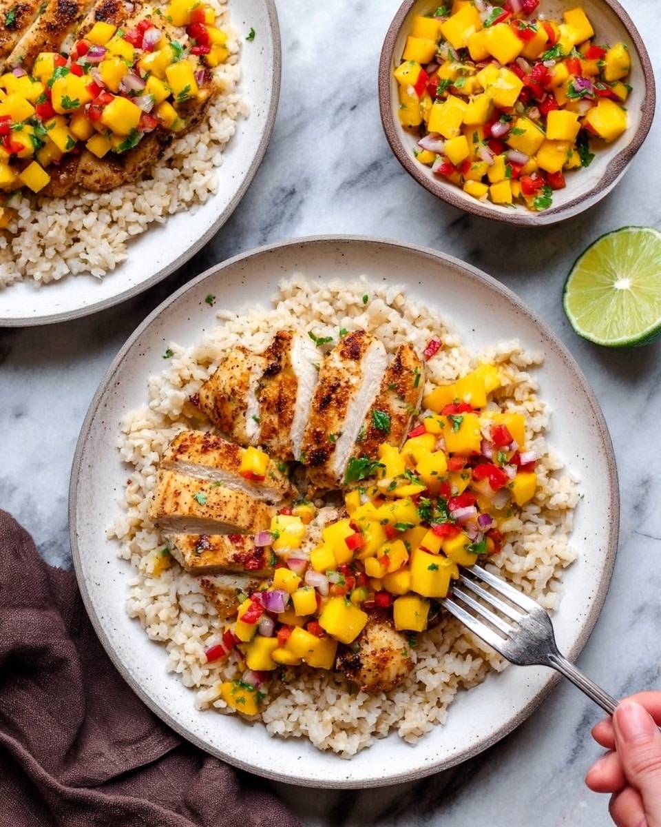 A white plate on a white marbled surface holds a bed of light beige grain with a slightly rough, small round texture. On top of the grains, there are several slices of golden brown grilled chicken arranged in a row, showing clear grill marks and a smooth, moist texture inside. At the center, a bright, colorful mango salsa sits piled high, made of yellow mango cubes, red bell pepper pieces, small bits of red onion, and green cilantro leaves, creating a fresh, chunky layer with vibrant contrast to the chicken and grains. photo taken with an iphone --ar 4:5 --v 7