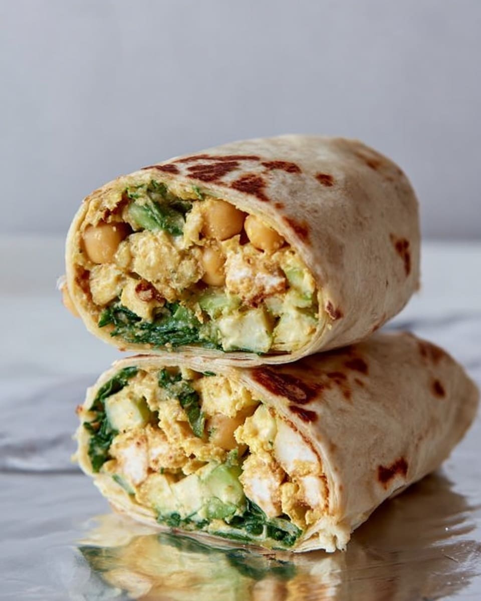 Two halves of a stuffed wrap are stacked on top of each other on a sheet of foil placed on a white marbled surface. Each wrap is made from a light beige tortilla with toasted brown spots. Inside, the filling has several layers: chunks of light yellow chickpeas, dark green leafy herbs, and some pale cream-colored creamy spread, all mixed and tightly packed. The texture inside looks soft but slightly chunky, and the wrap edges are neatly folded. The background is plain and out of focus with a light gray tone. Photo taken with an iphone --ar 4:5 --v 7