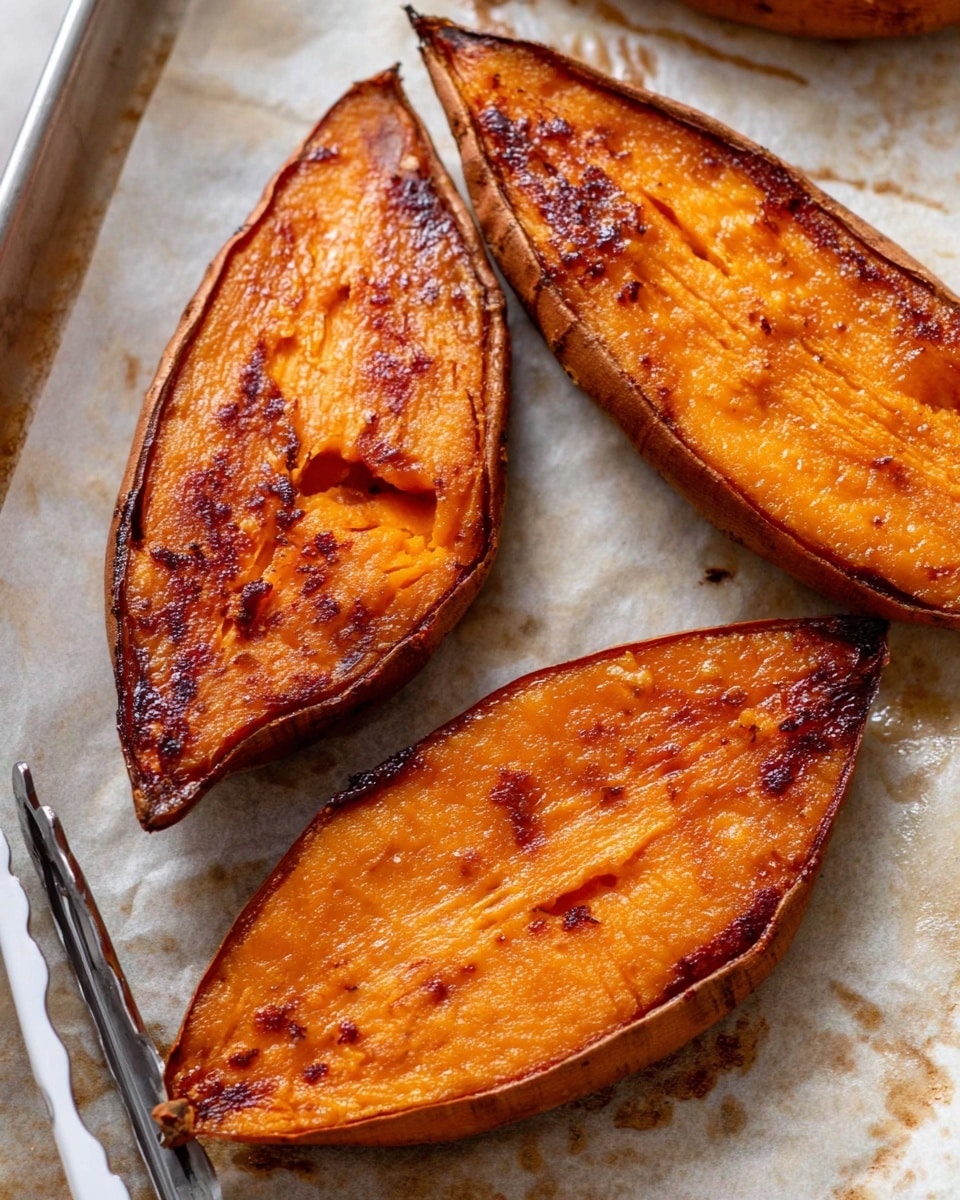 The image shows three roasted sweet potato halves placed on a white marbled surface covered with slightly browned parchment paper. Each sweet potato half has a deep orange color with a shiny, caramelized texture and browned edges showing roasted marks. The skin around the edges is darker and crisp, giving a contrast to the tender, slightly wrinkled flesh inside. At the bottom left of the image, there is a part of metal tongs with a white handle resting on the surface. The overall look is warm and rustic, highlighting the natural texture and color of the roasted sweet potatoes photo taken with an iphone --ar 4:5 --v 7