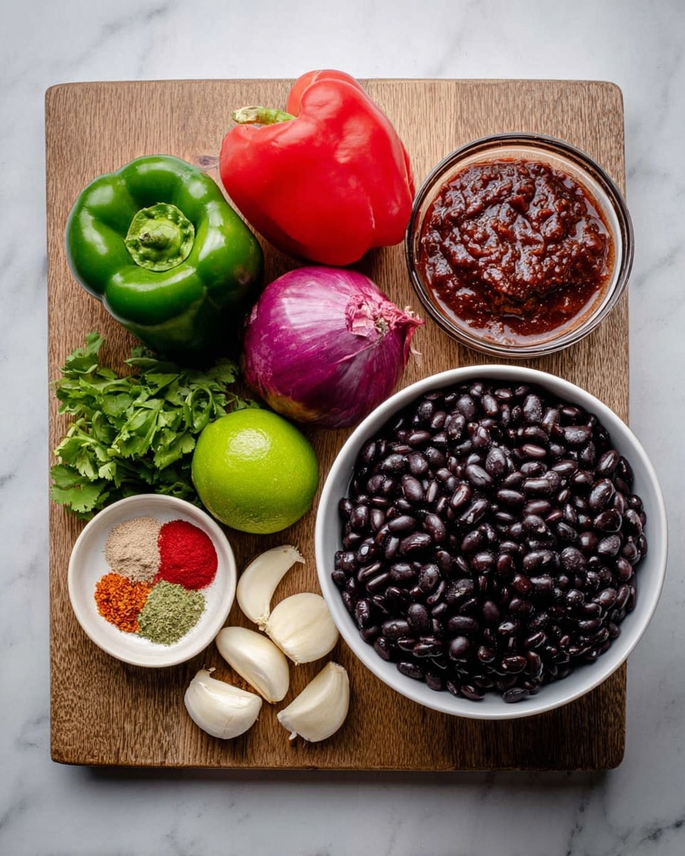 A top view of a wooden cutting board on a white marbled surface holding fresh ingredients arranged neatly: a large white bowl filled with shiny black beans on the right side; to the left, a group of fresh vegetables including one green bell pepper, one red bell pepper, a whole purple onion, a green lime, and four peeled garlic cloves; near these, a small white bowl with assorted powdered spices showing red, green, and beige colors, and a clear bowl containing a thick dark red chili paste; some fresh cilantro sprigs are placed near the onion. photo taken with an iphone --ar 4:5 --v 7