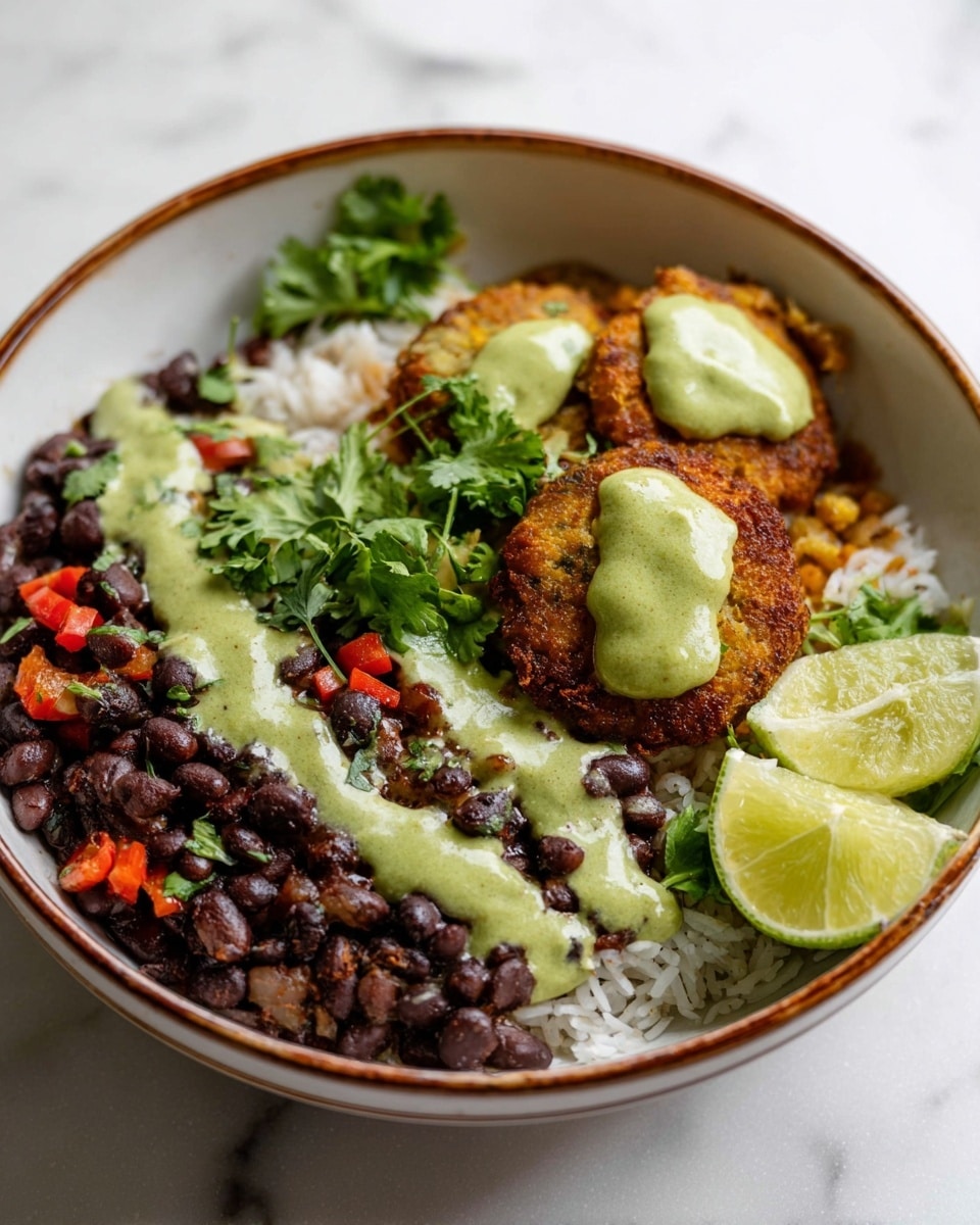 The dish is served in a deep white bowl with a brown rim, placed on a white marbled surface. The bottom layer is white rice, mostly covered by a thick layer of cooked black beans mixed with small diced red peppers and onions. On top of the beans, there is a creamy green sauce spread in two long stripes. Two golden-brown fritters or patties are placed on the side, each topped with a dollop of the same green sauce. A wedge of lime and fresh cilantro leaves are added for garnish on opposite sides of the bowl, adding fresh green accents. Photo taken with an iphone --ar 4:5 --v 7
