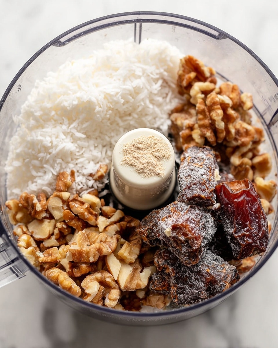 A clear food processor bowl is filled with different ingredients layered inside. On one side, there are large white coconut flakes with a rough texture, next to uneven light brown walnut pieces scattered around. On the other side, there are brown dried date pieces with a sticky look, lightly dusted with a white powdery substance. There is also a small amount of beige powdered spice on one date piece. The food processor blade sits in the center, covered slightly with the white powder. The whole scene is set on a white marbled surface. photo taken with an iphone --ar 4:5 --v 7