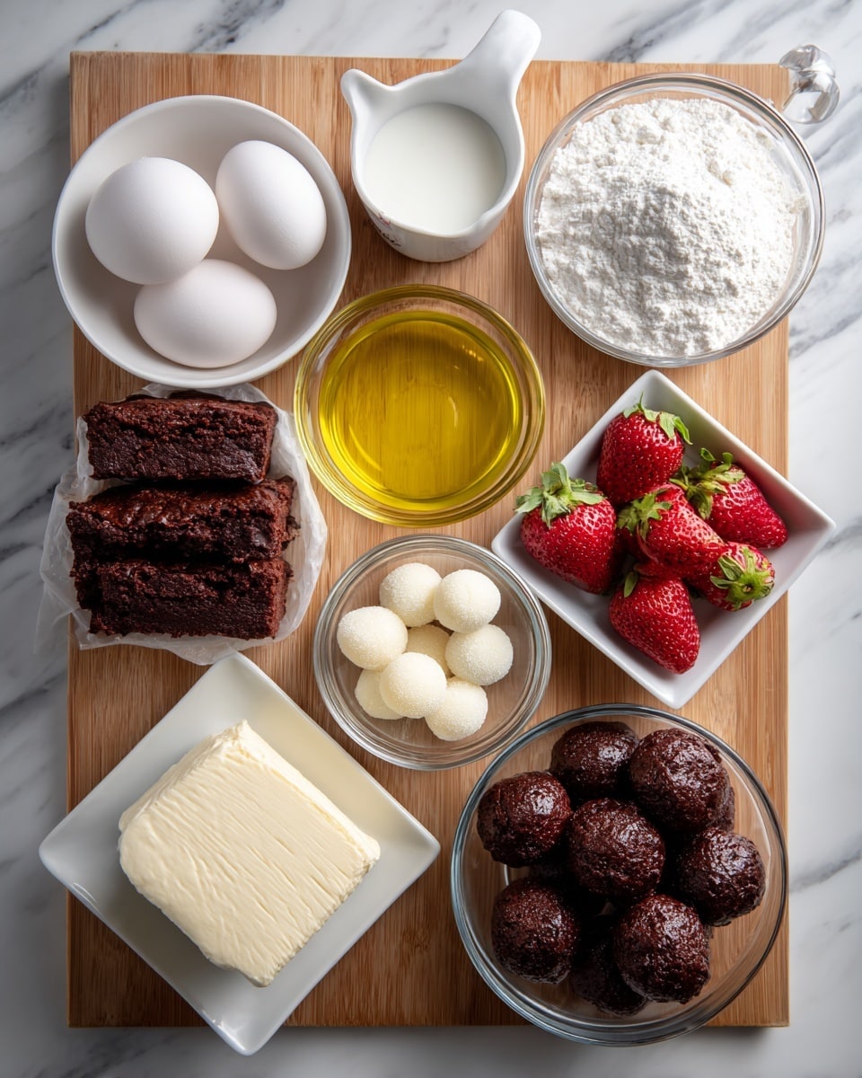 The image features various ingredients on a white marbled surface, all arranged neatly. At the top left, there are three white eggs in a small white bowl, next to a white measuring cup filled with white sugar. To the right, a sealed powder mix bag labeled fudge brownie mix rests flat. Below the eggs and sugar, there is a clear measuring cup filled with yellow oil. To the right of the oil, a small white square bowl holds several red strawberries with green tops. Below the strawberries, in a glass bowl, are white round candied melts, and next to them, dark brown round candied melts. On the bottom left, a block of cream cheese sits on a wooden cutting board. Next to the cream cheese, a small glass bowl contains powdered sugar, and next to that, a small glass bowl has white milk. All items are spaced evenly in a visually clean layout. Photo taken with an iphone --ar 4:5 --v 7