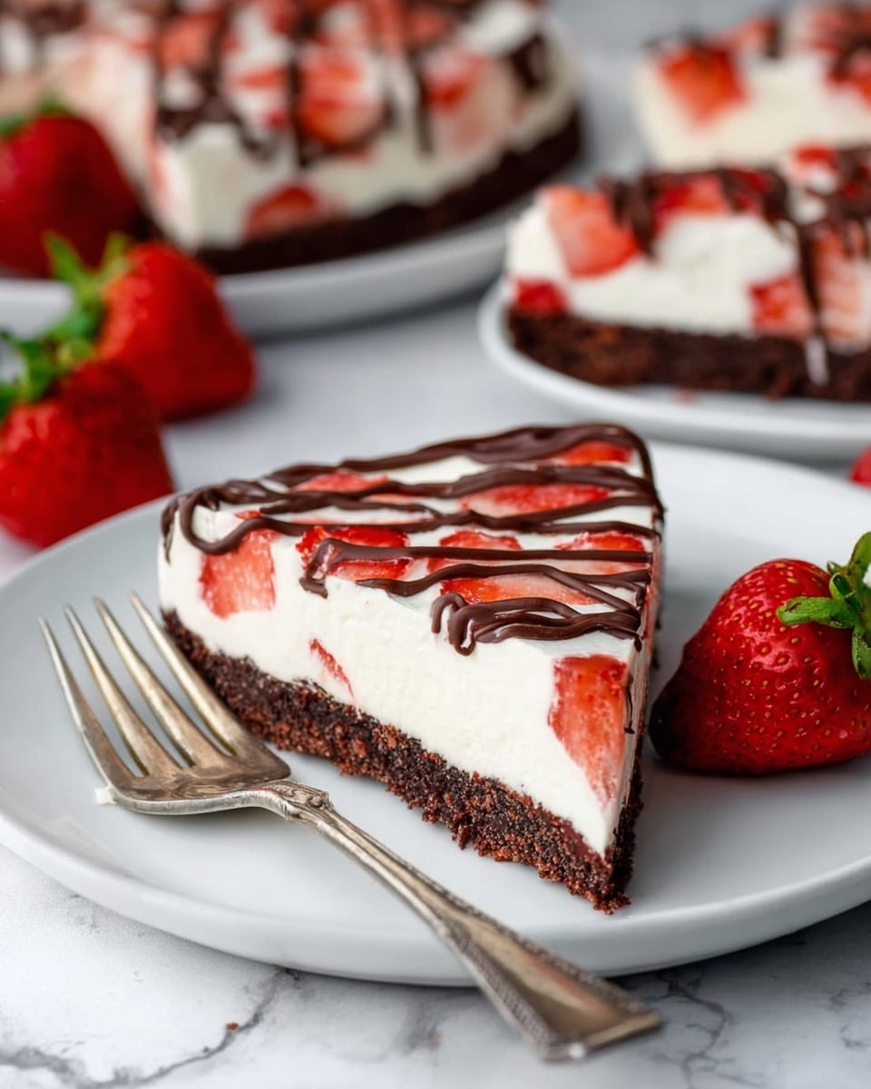 A slice of dessert with three clear layers is shown on a white plate sitting on a white marbled surface. The bottom layer is dark brown and looks crumbly, like a cookie or brownie base. The middle layer is thick and white with a smooth cream texture evenly spread out. On top of the white layer are small red strawberry pieces scattered around. Thin dark brown chocolate lines are drizzled in a loose crisscross pattern across the top. A vintage-looking fork with a silver handle rests on the plate next to the slice. Whole fresh strawberries with green leaves are placed near the plate. The background shows part of the whole dessert with the same layers and toppings. photo taken with an iphone --ar 4:5 --v 7