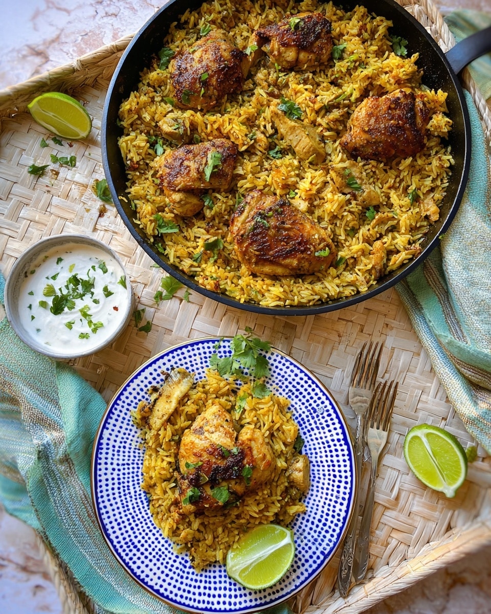 A large black pan filled with yellow rice layered evenly and topped with five browned chicken pieces rubbed with spices, scattered with small green herb pieces. Below it, there is a white plate with a blue rim holding a smaller blue and white dotted dish filled with a serving of the same yellow rice layered neatly, topped with two browned pieces of chicken and a garnish of fresh green herbs, with a green lime wedge placed on the edge of the plate. To the upper left, a small white bowl contains creamy white sauce sprinkled with chopped green herbs, all set on a white marbled surface with a beige woven tray and soft striped cloths in pale blue and green colors around. A silver fork rests on the right side of the plate, and a lime wedge is visible near the top right corner. Photo taken with an iphone --ar 4:5 --v 7
