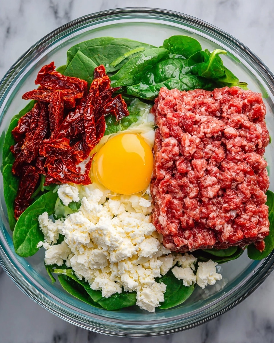 A clear glass bowl contains several layers of ingredients arranged separately: a block of red ground meat on the right, crumbled white cheese to its side, fresh green spinach leaves under the meat and cheese, a bright yellow raw egg yolk nestled in the green spinach at the bottom left, and dry red sun-dried tomato strips filling the top left part of the bowl. The bowl sits on a white marbled surface. Photo taken with an iphone --ar 4:5 --v 7