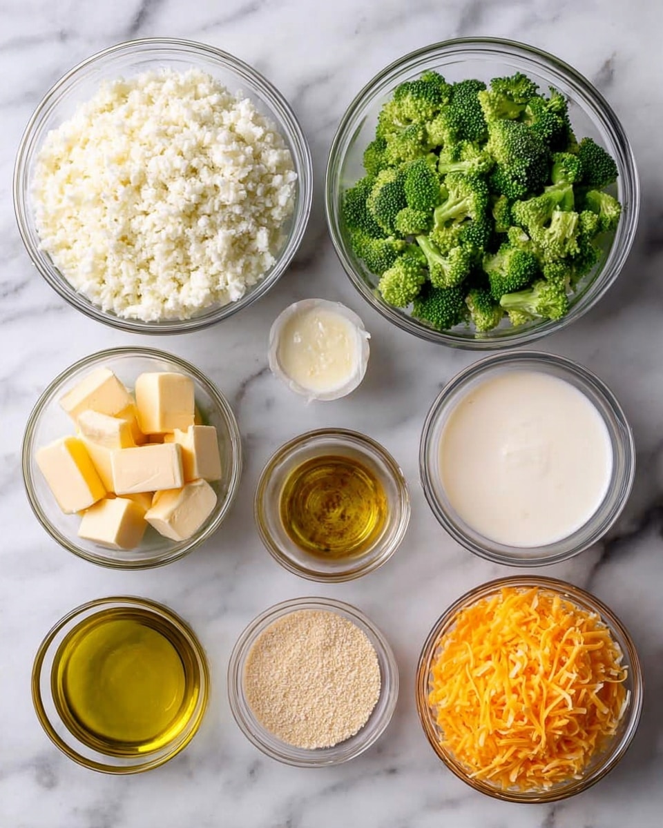 The image shows seven clear glass bowls arranged on a white marbled surface. The top row has three bowls: the left bowl holds white cauliflower rice with a crumbly texture, the middle bowl contains finely chopped broccoli with a bright green color, and the right bowl has a creamy white liquid labeled cream. The bottom row has four smaller bowls: the leftmost bowl has three pale yellow butter cubes, next to it is a bowl with golden yellow olive oil, then a small bowl with beige mustard powder which looks powdery, and finally a bowl filled with shredded bright orange cheddar cheese. photo taken with an iphone --ar 4:5 --v 7