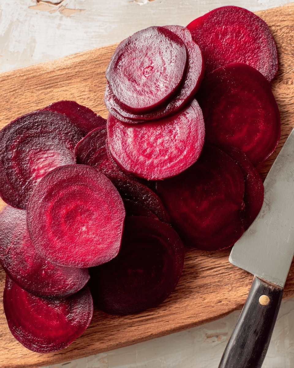 Thin round slices of deep red beetroot arranged in overlapping layers on a light brown wooden cutting board. The beetroot slices show varying shades of red from bright to dark, with a smooth slightly wet texture visible on the surface. A large knife with a reflective blade lies on the bottom right corner of the board. White marbled texture is visible in the bottom right corner background. Photo taken with an iphone --ar 4:5 --v 7