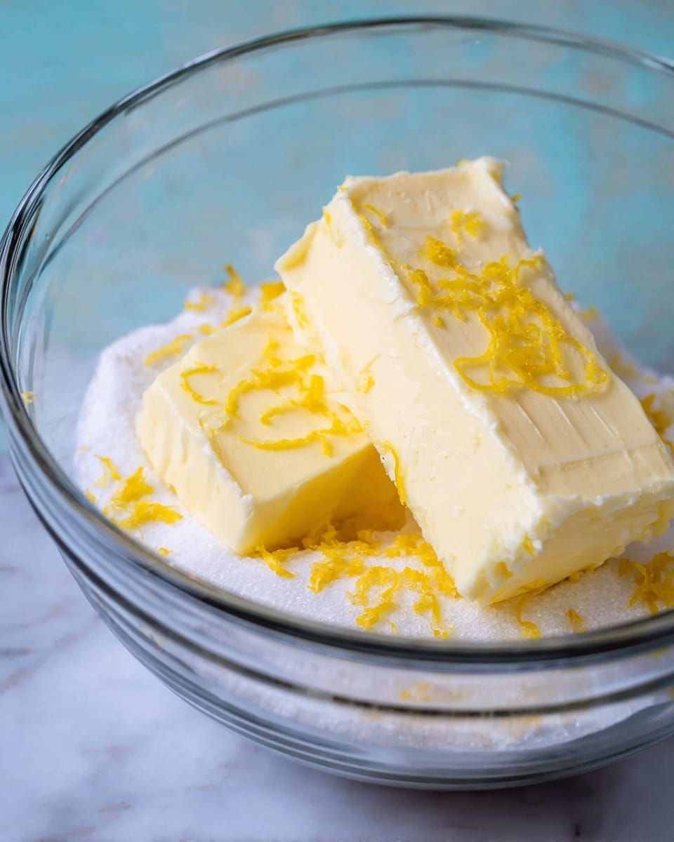 A clear glass bowl holds two thick sticks of pale yellow butter resting on a bed of white granulated sugar, topped with small, bright yellow lemon zest shreds scattered across the surface. The bowl sits on a smooth white marbled surface, and the background is softly blurred with a light aqua color, drawing focus to the mix inside the bowl. photo taken with an iphone --ar 4:5 --v 7