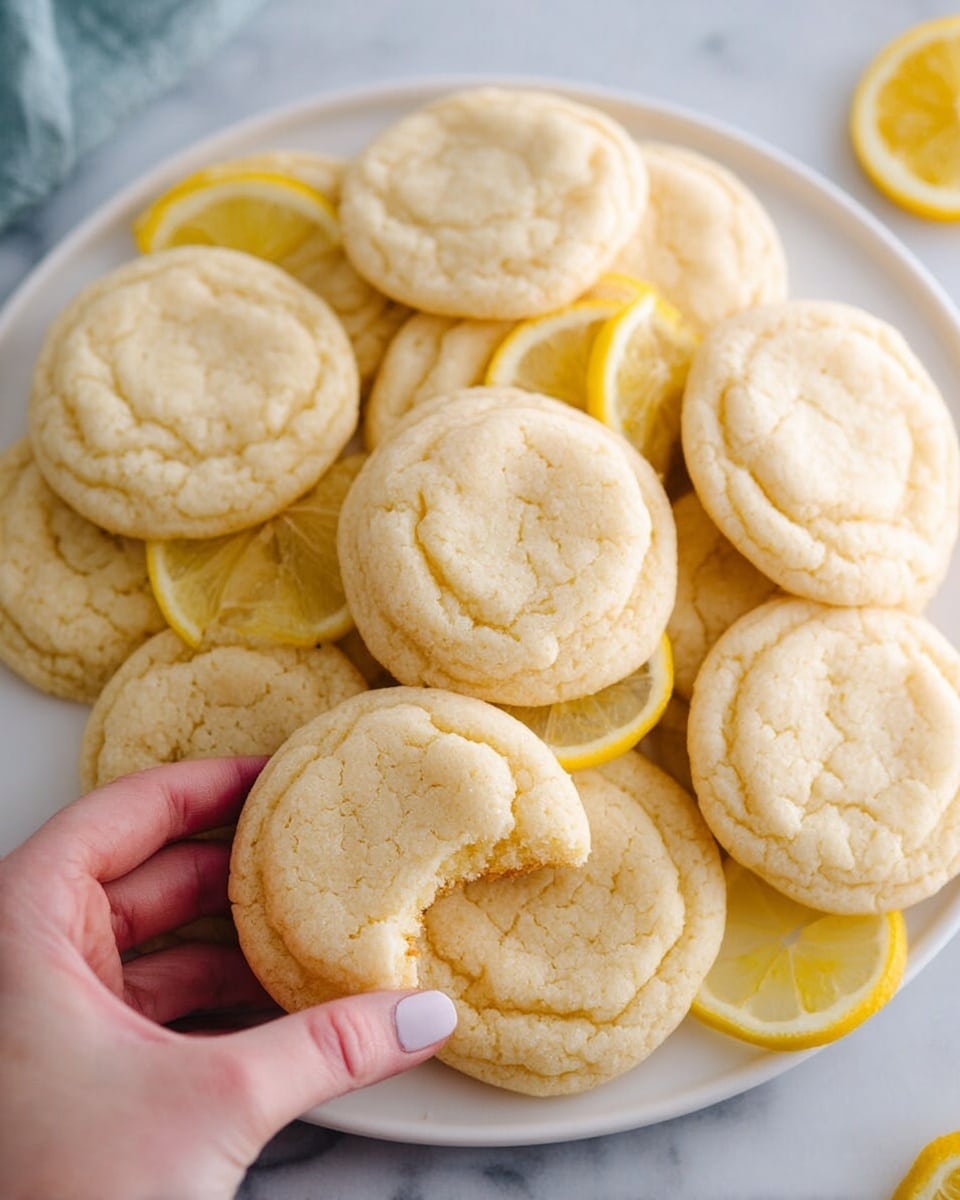 A white plate holds about a dozen soft, round cookies with a light golden color and a slightly cracked surface, arranged in layers that overlap each other. Among the cookies are several lemon slices, adding a bright yellow and white contrast. One cookie near the center has a bite taken out of it, revealing a soft inside. A woman's hand is gently holding one cookie at the edge of the plate. The plate is placed on a white marbled surface. photo taken with an iphone --ar 4:5 --v 7