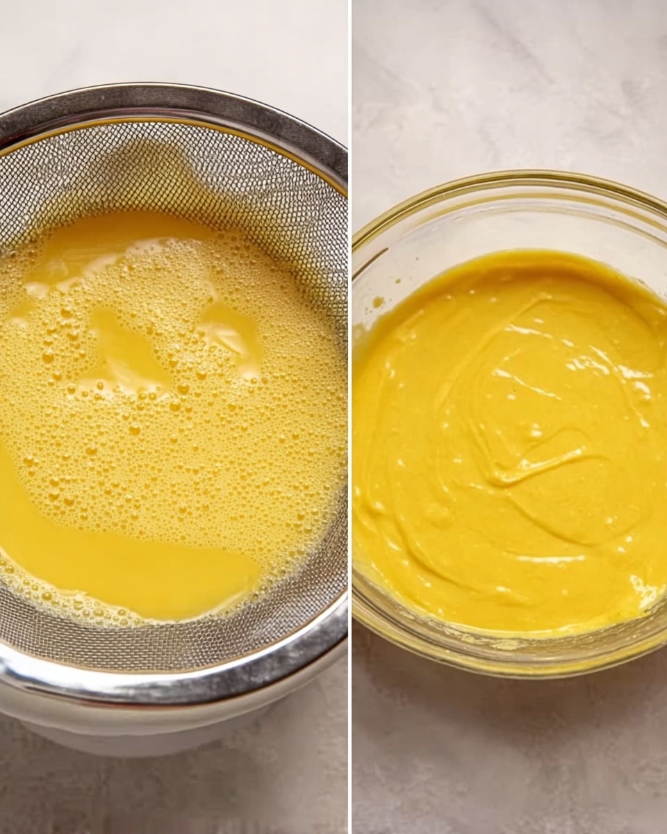 The image shows two side-by-side close-ups of a bright yellow liquid mixture being prepared. On the left, the mixture is in a shiny metal fine mesh strainer resting over a white bowl, with a white marbled surface background. Small bubbles and light foam appear on the thick, smooth liquid inside the strainer. On the right, the same bright yellow smooth mixture is seen inside a clear glass bowl, with the texture appearing slightly glossy and thick, resting on the same white marbled surface. Both parts highlight the creamy consistency of the liquid without any extra toppings or garnishes. Photo taken with an iphone --ar 4:5 --v 7