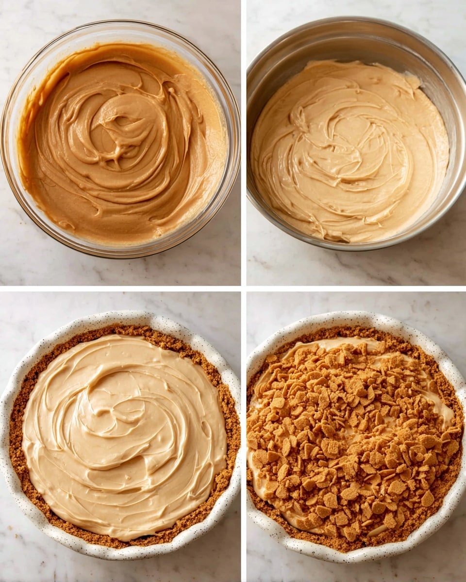 The image shows four stages of making a creamy dessert in round white bowls on a white marbled surface. In the first stage, a light brown smooth mixture fills about one-third of a glass bowl. The second stage has a thicker, lighter beige batter in a metal bowl with soft swirls on top. The third stage shows a creamy, beige mixture spread evenly in a white speckled pie dish with a smooth swirl pattern. In the final stage, the same pie dish is topped with crumbled golden brown cookie pieces scattered over the smooth beige layer, creating a textured surface with swirls of the mixture partially visible beneath the crumbs. Photo taken with an iphone --ar 4:5 --v 7