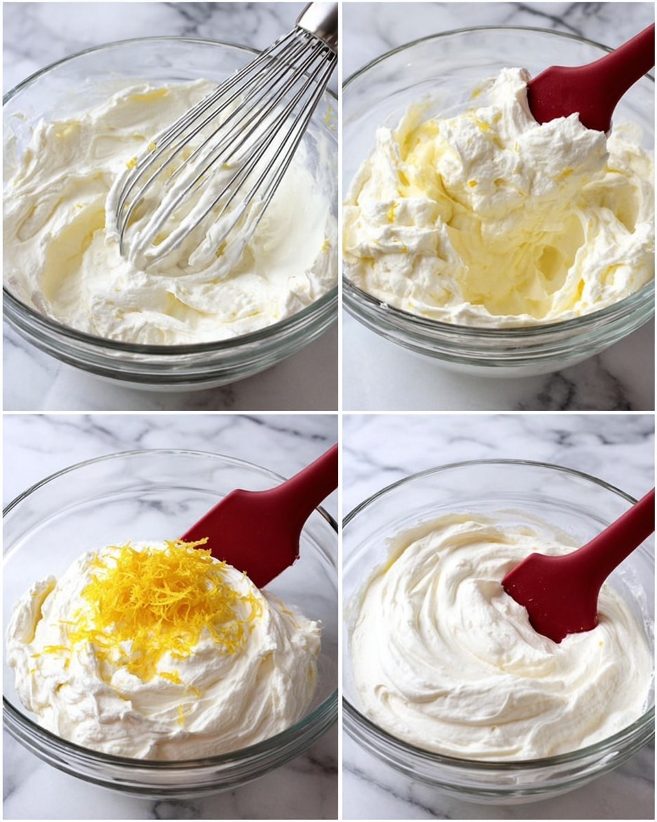 The image is divided into four parts showing the making of whipped cream with lemon zest. In the top left, a metal whisk holds thick white whipped cream with soft peaks above a clear bowl on a white marbled surface. The top right shows a red spatula folding a yellowish mixture into the whipped cream in the clear bowl. The bottom left has the same spatula next to whipped cream topped with a pile of bright yellow lemon zest. The bottom right shows smooth, creamy white whipped cream in the bowl with the red spatula resting inside, all on the white marbled surface. photo taken with an iphone --ar 4:5 --v 7