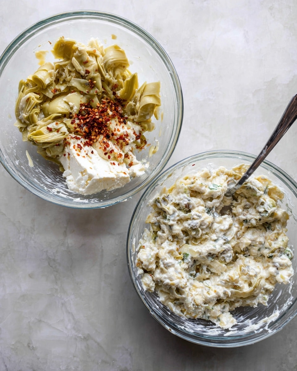The image shows two clear glass bowls placed on a white marbled surface. The bowl on the left contains three layers: light yellow sliced artichokes on the top left side, a block of cream cheese in the middle right, and some red chili flakes sprinkled on the cream cheese. A silver spoon rests inside the bowl on the right edge. The bowl on the right shows the same ingredients mixed together into one creamy, textured white mixture with greenish pieces distributed evenly. A silver spoon is stirring or holding the mixture inside the bowl. Photo taken with an iphone --ar 4:5 --v 7