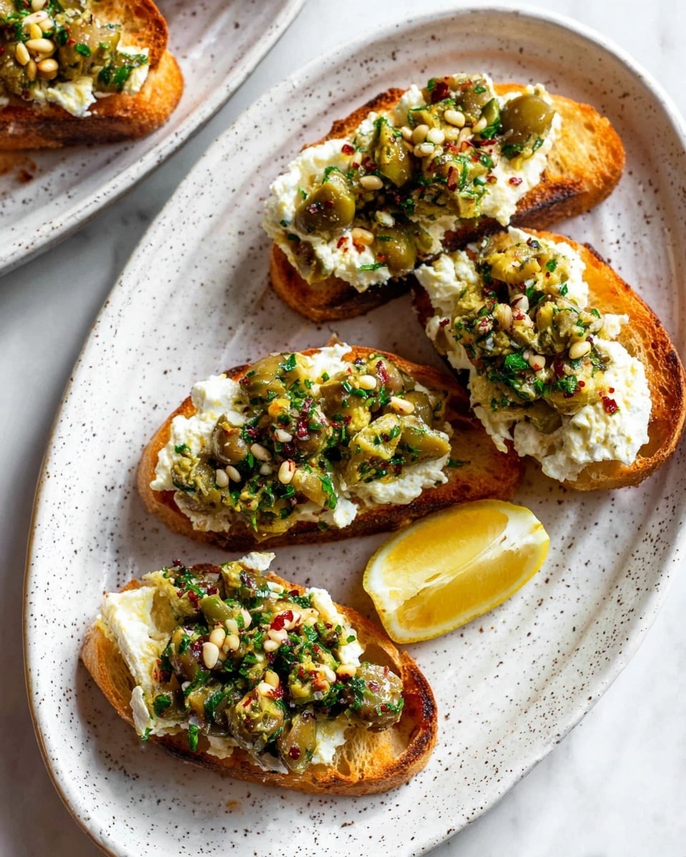 Four slices of toasted bread with a golden-brown crust are arranged on a white speckled oval plate. Each slice is topped with a thick layer of creamy white cheese mixed with herbs, and a chunky green olive mixture containing chopped olives, pine nuts, and green herbs sprinkled with red pepper flakes. A lemon wedge is placed on the plate near the top edge. The plate rests on a white marbled surface. photo taken with an iphone --ar 4:5 --v 7