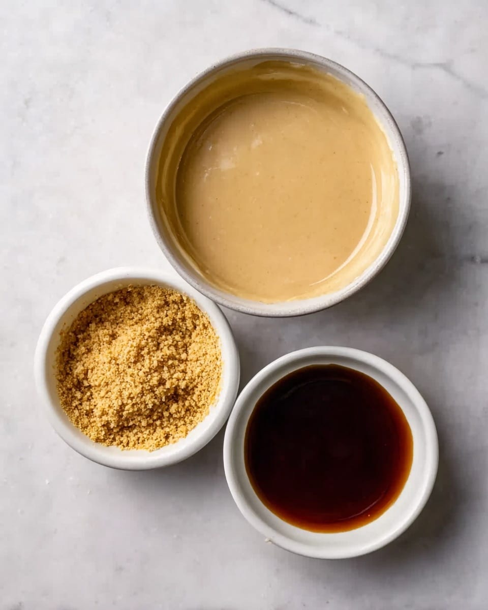 The image shows three white bowls placed on a white marbled surface. The largest bowl at the top contains a smooth, light beige sauce that fills most of the bowl. Below, to the left, a smaller bowl holds a rough-textured, grainy mustard sauce in a yellowish-brown color. To the right of this bowl, another small white bowl contains a glossy, dark brown liquid sauce. The bowls are arranged in a triangular shape, with the biggest bowl on top and the two smaller bowls beneath it. Photo taken with an iphone --ar 4:5 --v 7