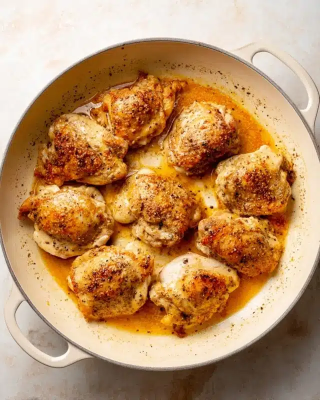 A white pan filled with ten cooked pieces of chicken arranged closely inside. Each piece is a light golden brown with specks of black pepper and seasoned evenly, showing slight crisp edges. The chicken sits in a thin, warm, orange-tinted sauce that pools at the bottom, creating a soft shine. The pan has two handles and is placed on a white marbled surface. The light highlights the texture of the cooked chicken and the slight bubbling sauce around it photo taken with an iphone --ar 4:5 --v 7