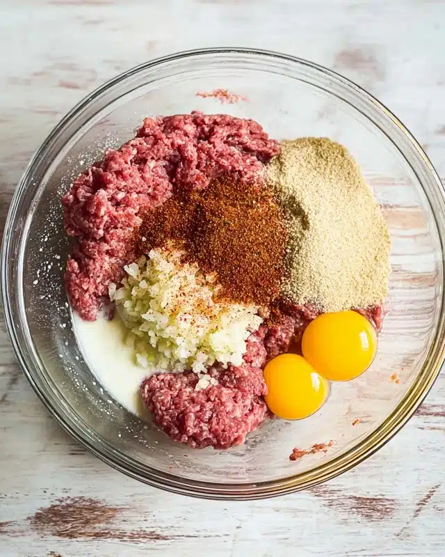Beef Enchilada Meatballs Recipe 4 A clear glass bowl sits on a white marbled surface, filled with several ingredients arranged in separate piles and layers ready to be mixed. At the top right, two bright yellow raw egg yolks rest next to a light beige pile of breadcrumbs. To the left of the breadcrumbs is a mound of reddish-brown seasoning powder, slightly rough in texture. Beneath this, there is a soft, pale off-white layer of finely chopped onions sprinkled lightly with red spice on top. On the left side, there is a large portion of raw ground meat with a deep pinkish red color and stringy texture. At the bottom left part within the bowl, a small amount of creamy white liquid, possibly milk or sauce, can be seen. The bowl's transparent sides catch the light gently. Photo taken with an iphone --ar 4:5 --v 7