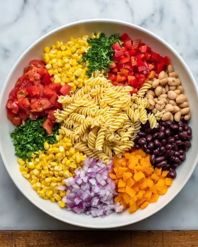 Cowboy Caviar Pasta Salad Recipe 4 A large white round bowl sits on a white marbled surface, filled with colorful vegetables and pasta arranged in neat sections forming a circle. In the center, there is a small mound of light yellow rotini pasta with a spiral texture. Surrounding it in separate segments clockwise are bright red chopped tomatoes, yellow corn kernels, red diced bell peppers, light brown beans, bright yellow diced bell peppers, dark brown black beans, finely chopped purple onions, small green herb pieces, and orange diced bell peppers. Each vegetable section is clearly separated and shows distinct colors and textures. Photo taken with an iphone --ar 4:5 --v 7