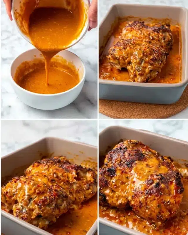 Chicken Shawarma in a Loaf Pan Recipe 4 The image shows a collage of four photos featuring a cooked chicken covered in a spicy orange sauce. In the top left and bottom right photos, a woman's hand is pouring the orange sauce from a gray baking dish into a white bowl, revealing the thick, bubbling texture of the sauce. The top right photo shows the whole cooked chicken in the gray baking dish with a golden brown, slightly charred surface. The bottom left photo captures the sauce being poured back over the chicken, coating its crispy skin. All photos are set on a white marbled surface with a cork trivet partially visible under the bowl. Photo taken with an iphone --ar 4:5 --v 7