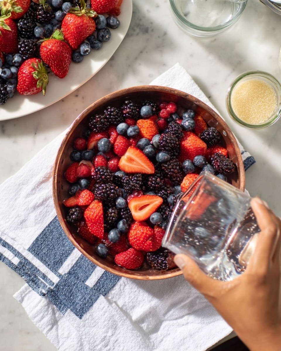 A copper pan filled with vibrant mixed berries including bright red strawberries, deep blue blueberries, and dark blackberries, layered evenly and piled high in the pan. The pan sits on a white kitchen towel with blue stripes, placed on a white marbled surface. To the top left, a white plate holds more mixed berries, arranged loosely with strawberries, blueberries, and blackberries. To the right, there is a small glass jar with some light-colored granules inside. A woman's hand is pouring additional berries from a clear measuring cup into the copper pan, adding movement to the scene. The overall image has bright natural light highlighting the fresh fruits and textures. photo taken with an iphone --ar 4:5 --v 7