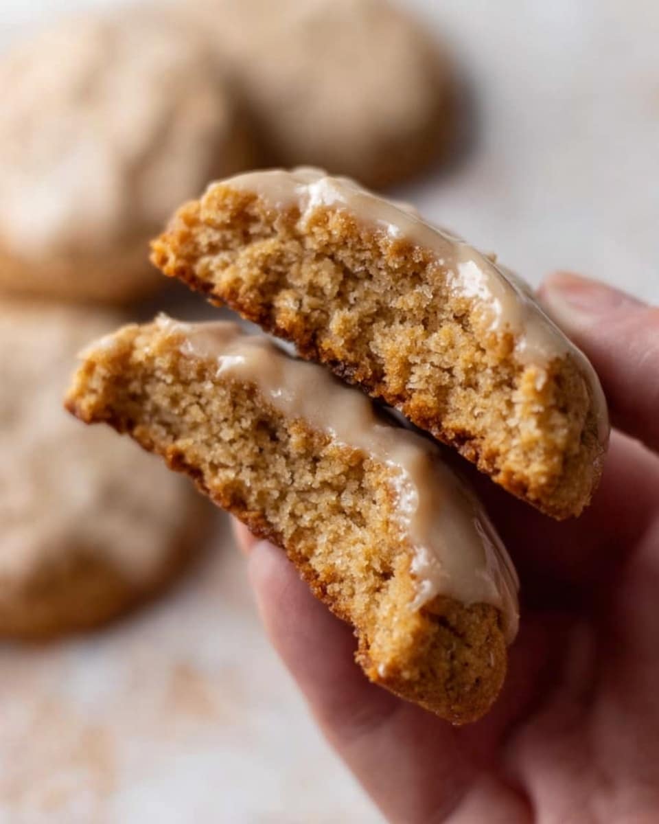 A close-up view of a woman's hand holding two halves of a soft cookie with a shiny light brown icing on top. The cookie itself has a rough, crumbly texture with a golden-brown color. In the background, there are slightly blurred whole cookies placed on a white marbled surface. The lighting is soft, highlighting the texture of the cookie and icing photo taken with an iphone --ar 4:5 --v 7