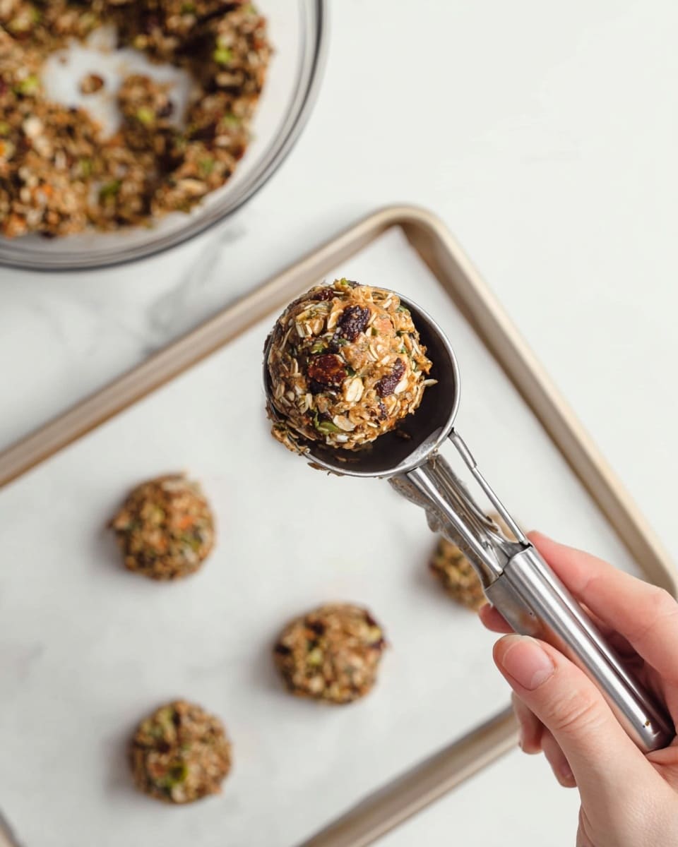 A woman's hand holds a metal cookie scoop filled with a chunky, mixed dough that contains visible bits of oats, seeds, and nuts, all in shades of brown, green, and beige. Below the scoop, on a white marbled surface, there is a white baking tray lined with white parchment paper, holding three round dollops of the same dough spaced apart. Behind the scoop, there is a clear glass bowl filled with more of the dough, showing a similar mix of colors and textures. The whole scene is bright and clean. photo taken with an iphone --ar 4:5 --v 7
