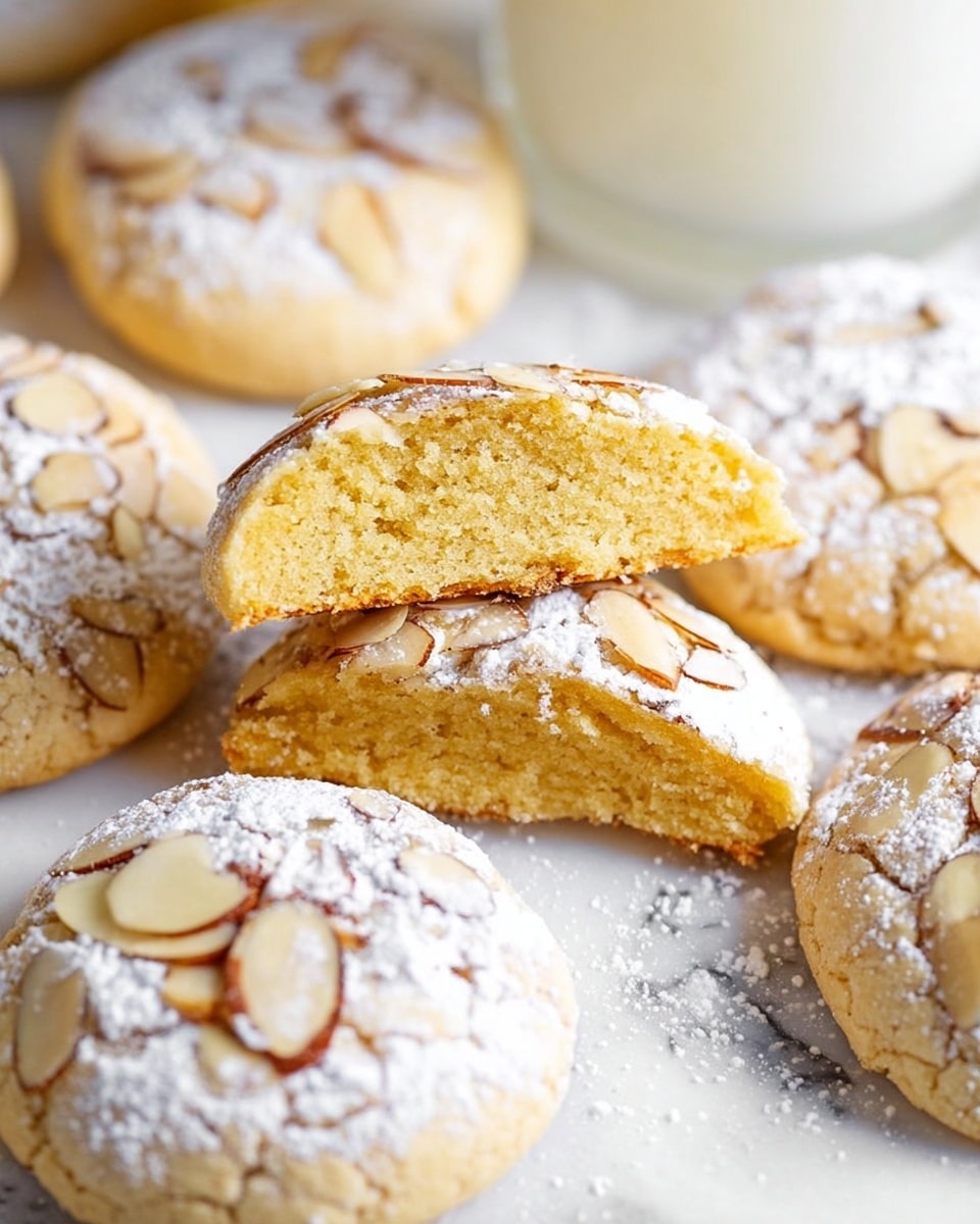 The image shows several round light golden cookies with powdered sugar dusted on top, scattered almond slices resting on each cookie's surface, and a soft, crumbly texture. One cookie is cut in half and positioned in the center, showing a smooth, dense, and slightly darker yellow inside layer that is clear and even. The cookies sit on a white marbled surface with a blurred white drink in the background. photo taken with an iphone --ar 4:5 --v 7