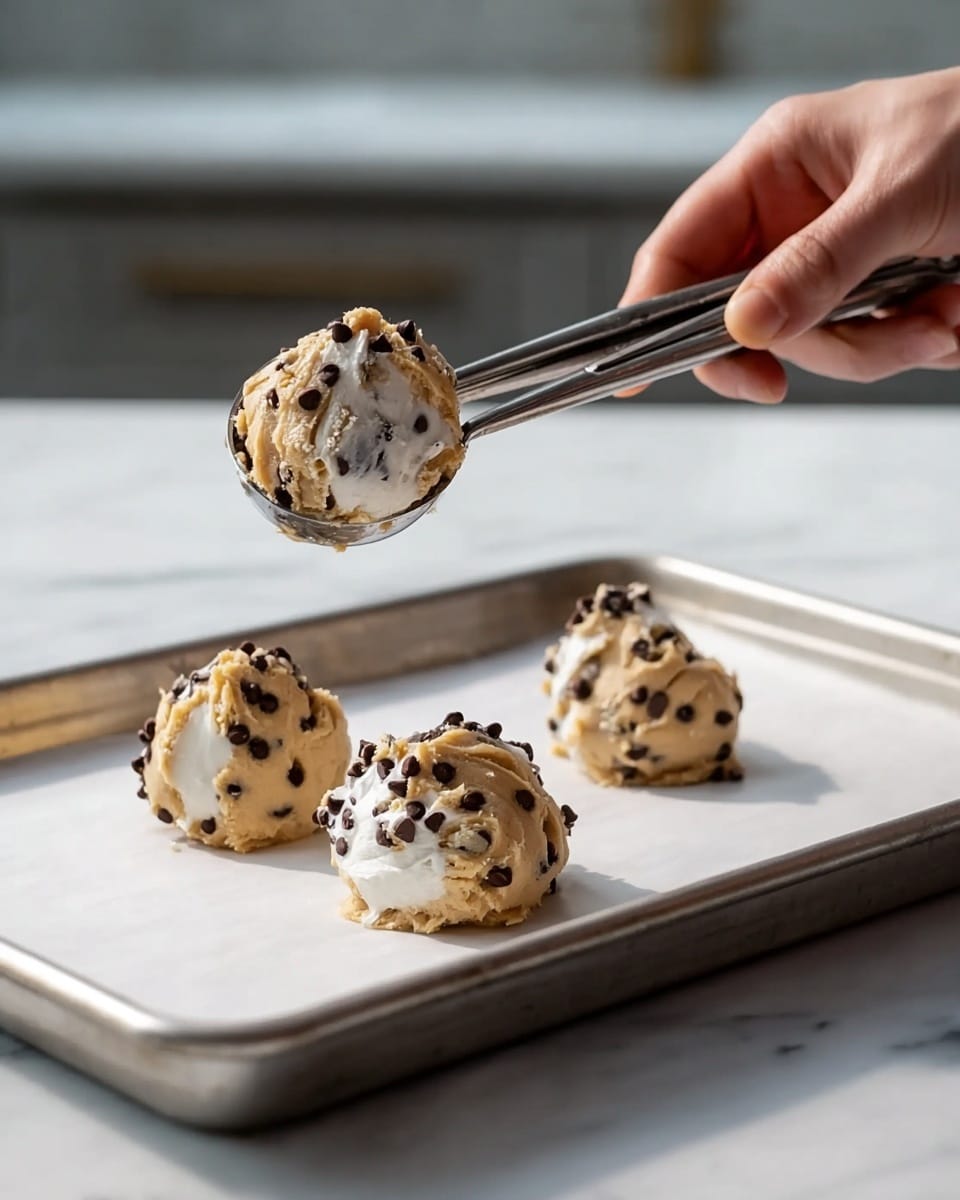 A silver baking tray lined with white parchment paper holds three dollops of cookie dough, each about two layers mixed together: a creamy, light brown peanut butter layer swirled with a white dough base that has small dark chocolate chips scattered throughout. A woman's hand holds a metal cookie scoop dropping the fourth portion above the tray, showing a mix of both dough colors and chocolate chips. The scene is set on a white marbled surface with soft natural light in the background. Photo taken with an iphone --ar 4:5 --v 7