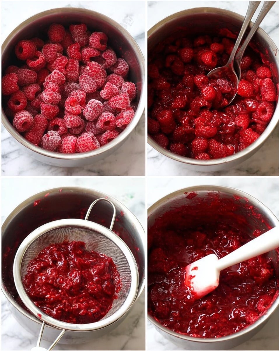 A four-image collage showing the process of making raspberry puree. In the first image, a stainless steel pot is filled with whole fresh raspberries that are bright red and slightly frosted, sitting on a white marbled surface. The second image shows the same pot with the raspberries softened and partly broken, with a silver fork resting inside among the now juicy and wet raspberries. The third image shows the mixture further mashed into a smoother, chunky red puree with some shine, with a silver spoon stirring inside the pot. The fourth image features a fine silver strainer over the white marbled surface holding thick raspberry pulp, with a white spatula with a red handle pressing the mixture through, leaving some puree clinging to the sides. Photo taken with an iphone --ar 4:5 --v 7
