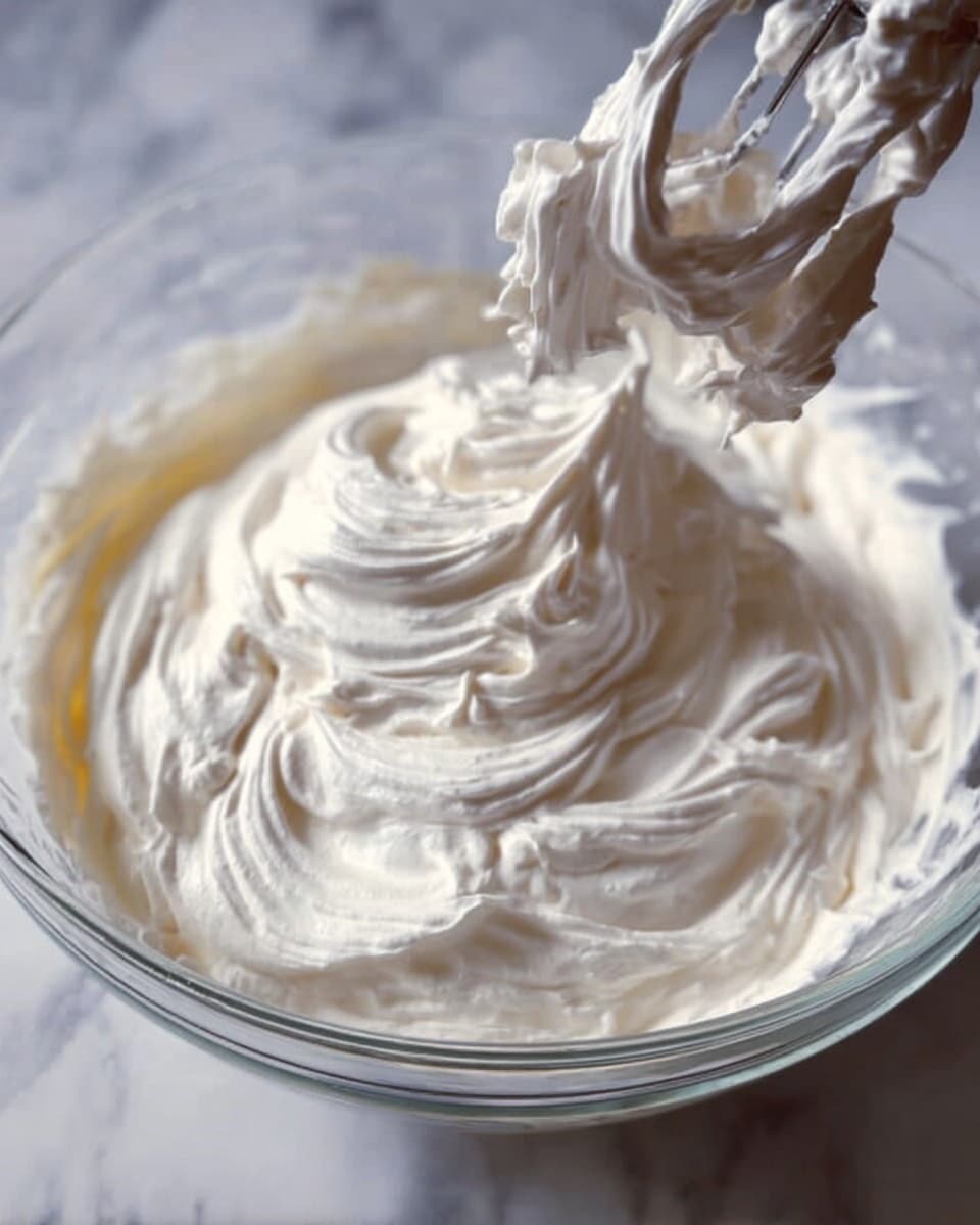 The image shows a clear glass bowl filled with smooth, fluffy white whipped cream. An electric mixer beater covered with the whipped cream is held slightly above the surface, showing the soft and light texture with gentle swirls and peaks. The bowl sits on a white marbled surface. photo taken with an iphone --ar 4:5 --v 7