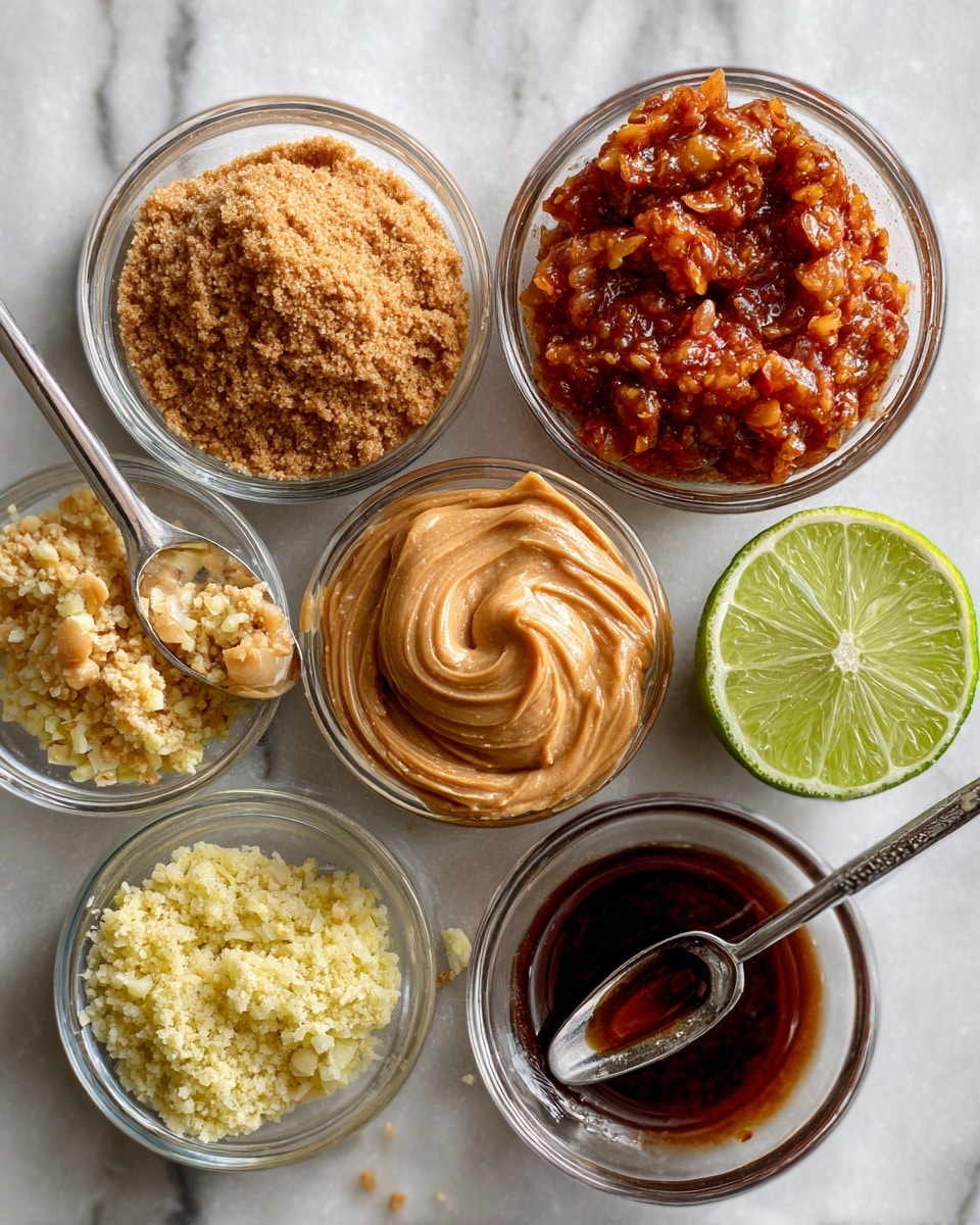 The image shows eight small clear glass bowls and one metal measuring spoon arranged in a circle on a white marbled surface. From the top center and moving clockwise, the first bowl contains light brown sugar with a crumbly texture. Next is a bowl of chunky reddish sauce with visible pieces, then a bowl with a pale yellow, slightly thick paste. Below, there is a bowl with finely minced yellow garlic. Toward the bottom is an empty bowl with a clear liquid, next to it a bowl with a slice of light green lime. In the center right is a shiny metal 1/2 cup spoon filled with creamy peanut butter swirled on top. Lastly, there is a bowl filled with a dark, thick liquid. The setup is clean and organized with good lighting. photo taken with an iphone --ar 4:5 --v 7