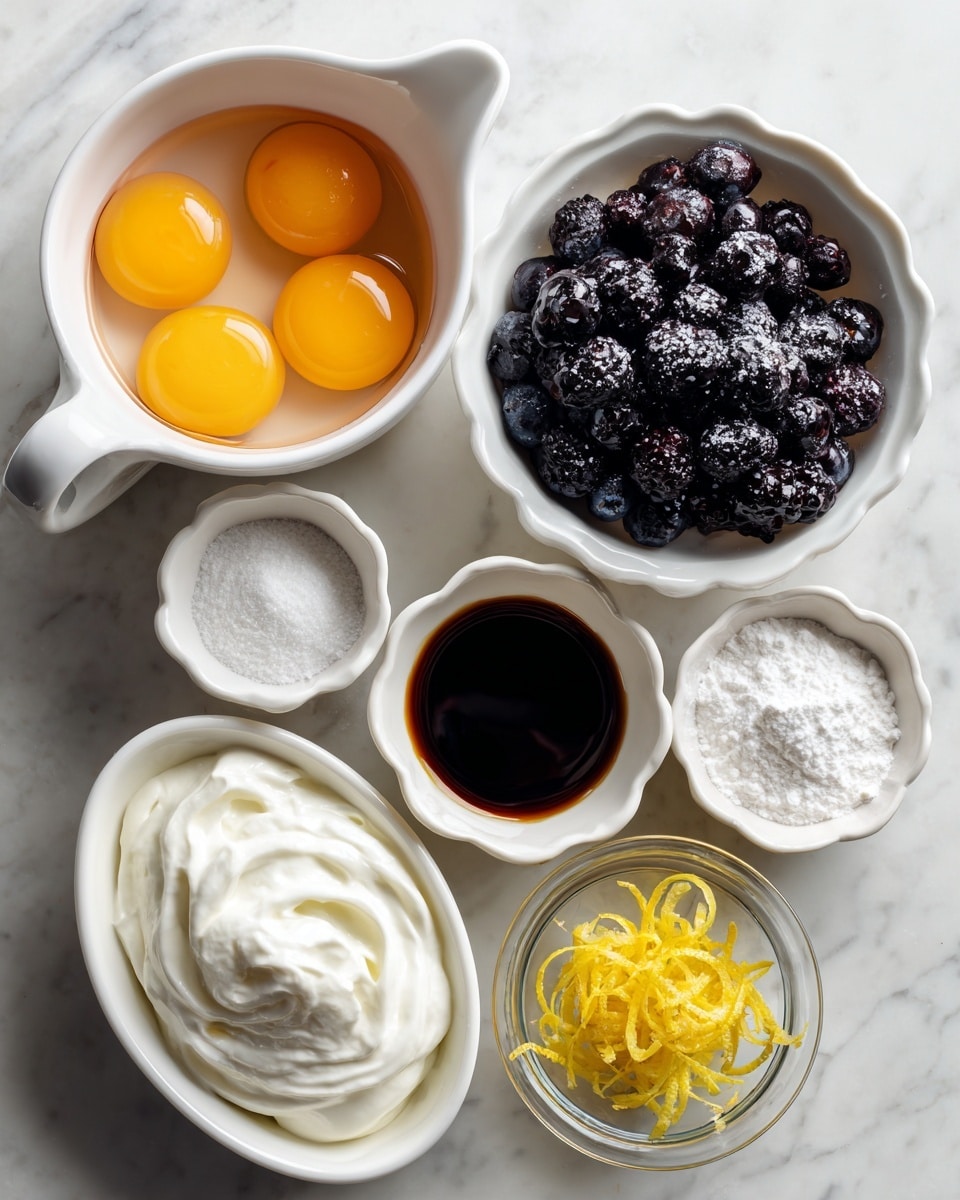 A top view of seven small white bowls and a white pitcher arranged on a white marbled surface, each containing different ingredients: one large white pitcher holds four raw eggs with bright orange yolks; a white oval bowl has smooth, thick white Greek yogurt with swirled texture; a small white bowl is filled with dark frozen blueberries dusted with frost; two small scalloped white bowls hold white powders – one labeled sweetener and the other cornstarch; another small white bowl contains a dark brown liquid vanilla extract; and a small clear bowl with bright yellow lemon zest strands. Each ingredient is clearly separated and visually distinct, with soft natural lighting highlighting the ingredients’ textures and colors photo taken with an iphone --ar 4:5 --v 7