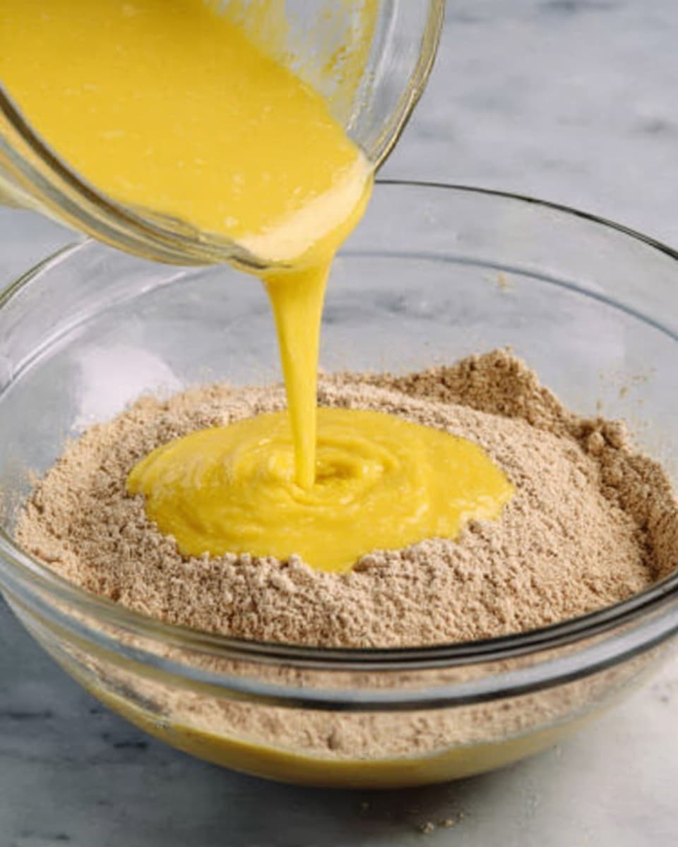 A white clear glass bowl sits on a white marbled surface, filled halfway with a light brown powdery mixture. A thick, smooth, bright yellow liquid is being poured into the bowl, creating a swirling pattern as it lands on the powder. The scene captures the mixing process just as the yellow liquid touches the dry mixture, showing clear contrast between the two textures and colors. Photo taken with an iphone --ar 4:5 --v 7