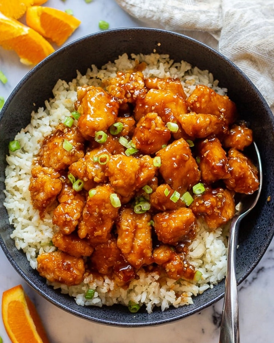 A dark bowl filled with a base layer of white rice with some green onion slices scattered on top, covered by a thick layer of orange-brown glazed chicken pieces with a shiny sauce coating. A spoon is placed inside the bowl on the right side, and in the background, there is a white marbled surface with an off-white cloth and some orange wedges partially visible. photo taken with an iphone --ar 4:5 --v 7