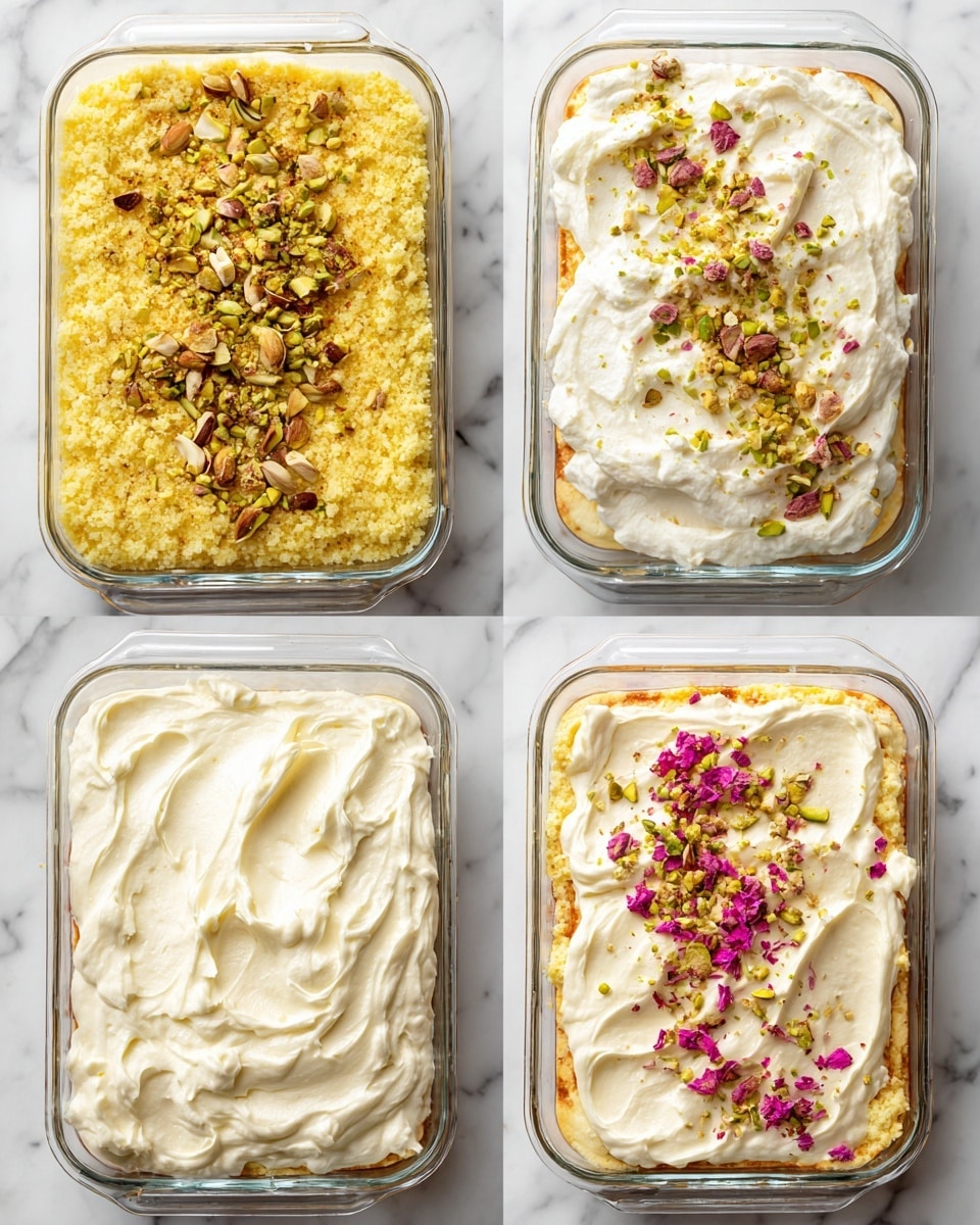 The image shows four stages of a dessert in a clear glass rectangular dish placed on a white marbled surface. In the first stage, the dish is filled with a golden yellow layer that looks grainy and textured, sprinkled finely with crushed pistachios. In the second stage, thick white cream is dolloped unevenly on top of the golden layer. In the third stage, the white cream is spread smoothly to cover the whole surface evenly. In the last stage, the top of the cream is decorated with a sprinkling of crushed pistachios and small pink edible flower petals scattered decoratively. Photo taken with an iphone --ar 4:5 --v 7