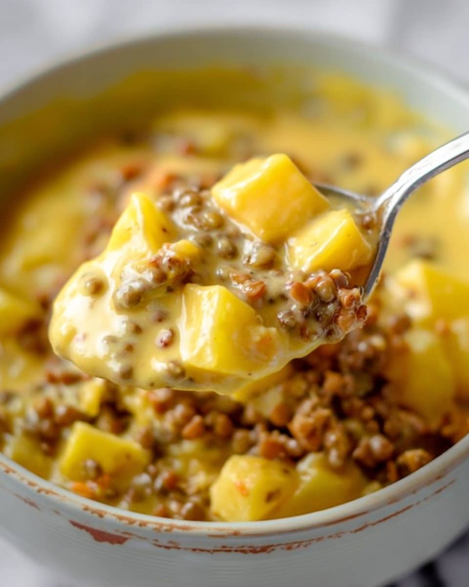 The image shows a close-up of a spoon holding a mix of creamy, thick yellow sauce with small brown lentils and small yellow potato cubes. The spoon is above a white bowl with a bit of the same mixture stained near the rim. The background is a white marbled texture, and the lighting highlights the smooth, creamy sauce blending with the textured lentils and soft potato pieces. photo taken with an iphone --ar 4:5 --v 7