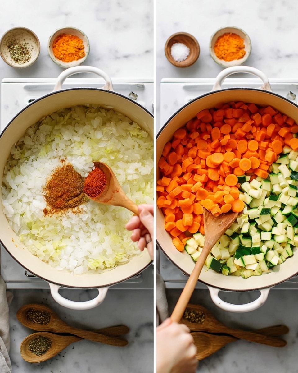 The left side of the image shows a white pot on a stovetop with cooked white onions filling the bottom. On top of the onions, there are two brown spices already added, and a woman's hand holding a small wooden spoon with bright red spice above the pot. In the background, small dishes with orange and green vegetables can be seen. The right side shows the same white pot with the same cooked onions and spices at the bottom, now topped with chopped bright orange carrots on the left and chopped green zucchini on the right. Both images have a white marbled surface under the stovetop, with a small dish of salt and pepper and three wooden spoons near the pot. Photo taken with an iphone --ar 4:5 --v 7
