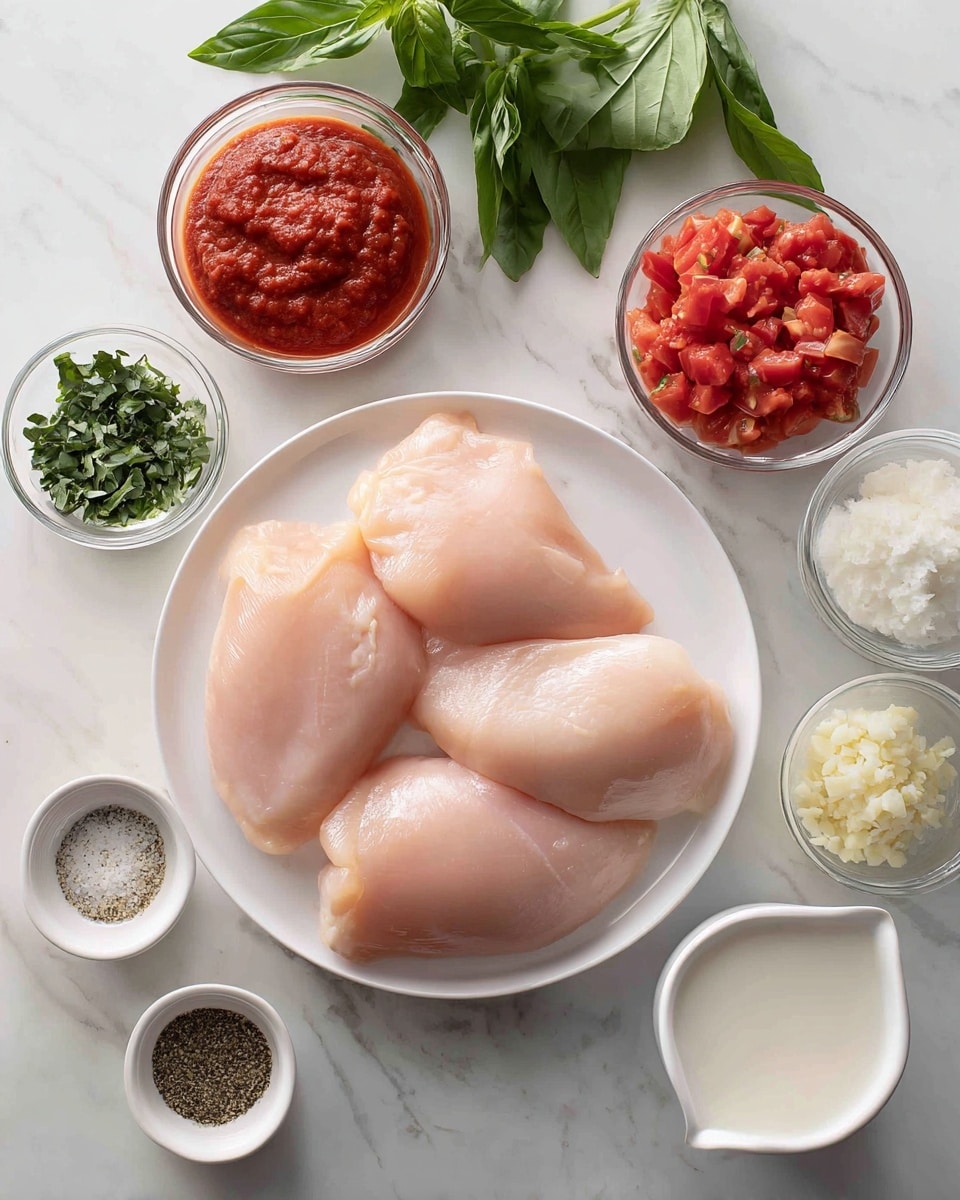 On a white round plate in the center, there are four pieces of raw chicken with a pale pink color and smooth texture. Surrounding the plate, there are small clear glass bowls and white ramekins holding different ingredients: bright red diced tomatoes and darker red marinara sauce in two separate bowls on the left; fresh green basil leaves and two small white bowls with dried basil and Italian seasoning below; a tiny white ramekin with salt and black pepper mix is placed near the bottom right of the chicken plate. To the right side, there is a small clear glass bowl with minced garlic, a white ramekin containing white cornstarch, and a clear measuring cup filled with cream that is off-white and smooth. The background is a white marbled surface with soft green fresh basil leaves on top. photo taken with an iphone --ar 4:5 --v 7