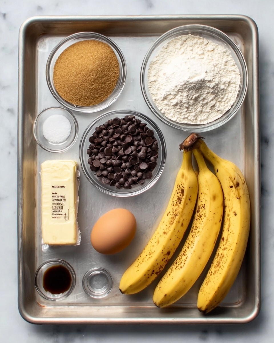 A metal baking tray holds raw ingredients neatly arranged, sitting on a white marbled surface. In the top left corner is a small round glass bowl filled with brown sugar, next to a round glass bowl filled with white flour on the right. Below the flour is another small glass bowl filled with small dark chocolate chips. On the bottom left of the tray, there is a stick of butter in its paper wrapper, below it a single brown egg, and next to the egg is a small glass bowl with dark vanilla extract. To the right of the vanilla bowl are two ripe yellow bananas with brown spots, all ingredients clearly visible and organized. Photo taken with an iphone --ar 4:5 --v 7