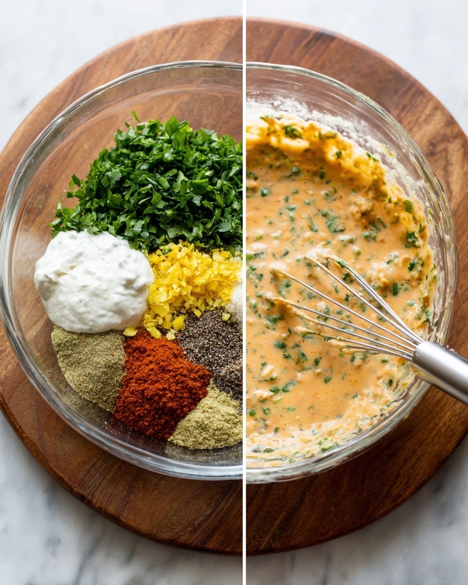 The image shows two side-by-side views of a clear glass bowl on a wooden round board, placed on a white marbled surface. On the left side, the bowl holds separate piles of fresh green chopped herbs, finely chopped yellow pieces, a dollop of thick white cream, and several colorful spices forming distinct layers of brown, red, and black. On the right side, the ingredients are mixed into a creamy, light orange sauce with green flecks, and a metal whisk rests in the bowl. Photo taken with an iphone --ar 4:5 --v 7