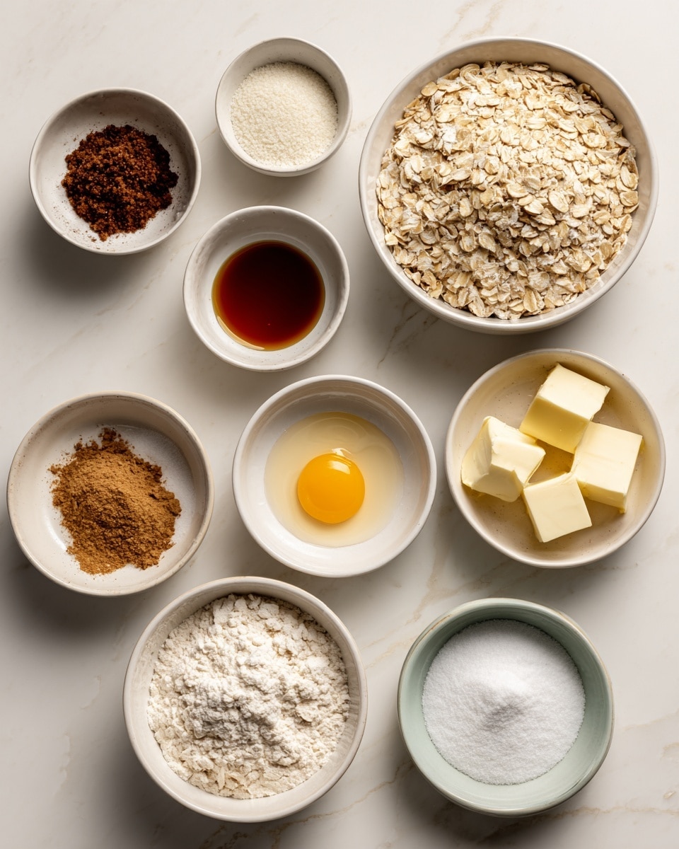 The image shows eight white bowls arranged on a white marbled surface, each holding different baking ingredients. In the top left, a small white bowl holds dark brown sugar mixed with lighter granulated sugar. To the right, a larger white bowl contains old-fashioned oats, showing their pale beige color and rough texture. Below the oats, there is an empty white bowl. Towards the center left, a small white bowl holds light brown vanilla extract with a smooth surface. Below that, another small bowl contains a warm brown mix of cinnamon and nutmeg. In the center, a medium white bowl holds a single raw egg with a bright yellow yolk surrounded by clear egg white. Below and to the right, a small white bowl has solid yellow butter in small blocks. On the bottom left, a large white bowl contains white flour mixed with baking soda and salt, showing a fine powder texture. Finally, near the bottom right, a small bowl holds white powdered sugar with a soft, fine texture. The bowls are evenly spaced in an organized way. Photo taken with an iphone --ar 4:5 --v 7