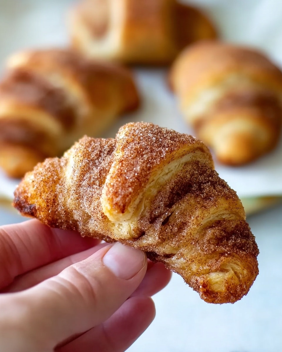 A close-up image of a hand holding a baked, crescent-shaped pastry covered in a cinnamon sugar mixture. The pastry has a golden-brown color with visible swirls of darker cinnamon inside and a slight flaky texture on the edges. In the background, more pastries with a similar look sit on a white surface, which is blurred to keep focus on the held pastry. The hand is positioned on the left side, gently pinching the pastry between thumb and forefinger. Photo taken with an iphone --ar 4:5 --v 7