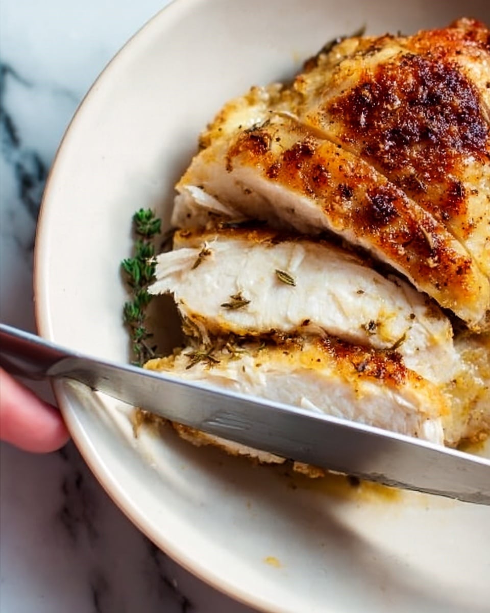 A close-up of a white bowl with a piece of cooked chicken inside. The chicken has a golden brown, crispy outer layer with a moist, white inside showing where it is being sliced by a knife held by a woman's hand. A small green herb garnish is visible near the chicken. The bowl sits on a white marbled surface. photo taken with an iphone --ar 4:5 --v 7