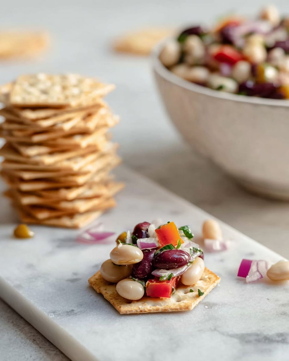 The image shows a white hexagonal cracker topped with a small mix of colorful beans and chopped vegetables. The top layer has white beans, dark red kidney beans, chopped red bell pepper, small bits of red onion, and green herbs. Behind this cracker is a neat stack of similar white hexagonal crackers with one cracker on top holding a similar bean and vegetable mix. A few scattered white beans and bits of red onion lay on the white marbled surface around the crackers. In the background, there is a large white bowl filled with the same bean and vegetable salad. The image is bright with soft natural light. photo taken with an iphone --ar 4:5 --v 7