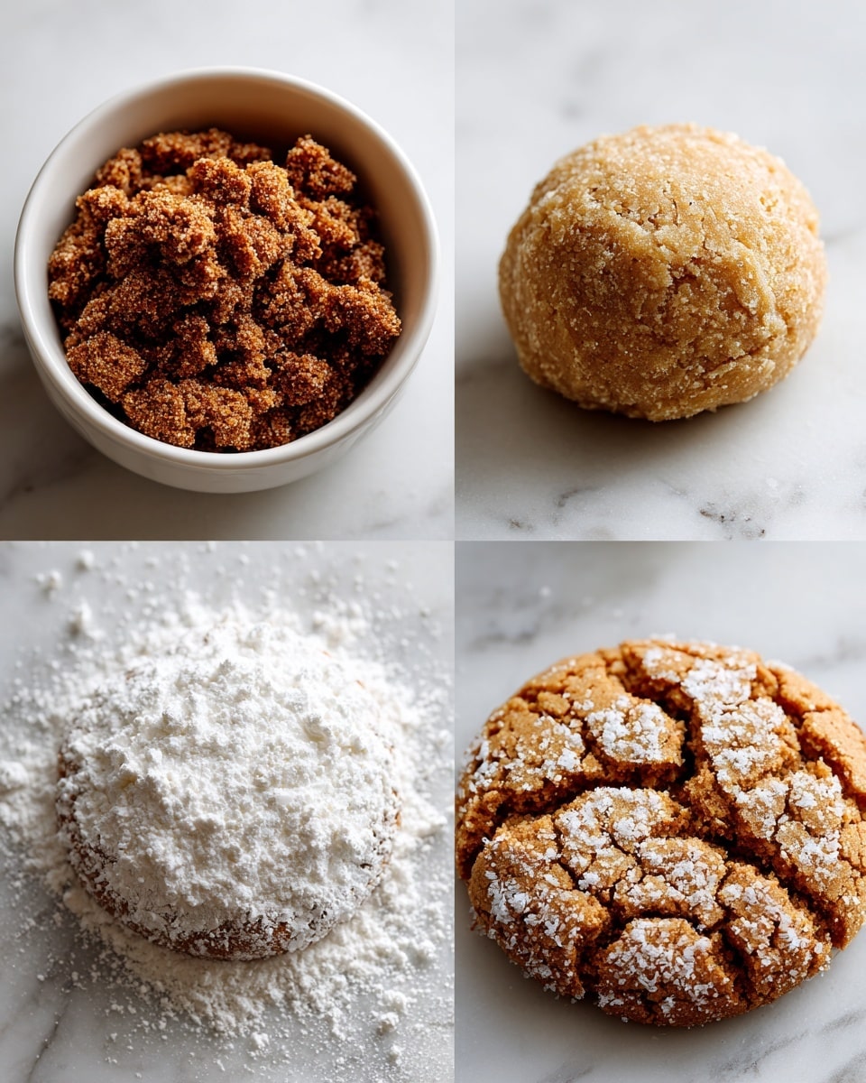 The image shows a sequence of four steps for making a cookie, arranged in a 2x2 grid. In the top left section, there is a white bowl filled with a rough, crumbled brown dough. The top right section displays a single rounded ball of the dough, light brown in color, placed on a white marbled surface. The bottom left section shows the dough ball now covered with a thick layer of white powdered sugar, with some powder spread around it on the white marbled surface. The bottom right section features a baked cookie with a cracked surface revealing a mix of light brown dough and white powdered sugar in the cracks, also on the white marbled surface. Each segment is marked with a red number in the bottom right corner: 5, 6, 7, and 8 respectively. Photo taken with an iphone --ar 4:5 --v 7